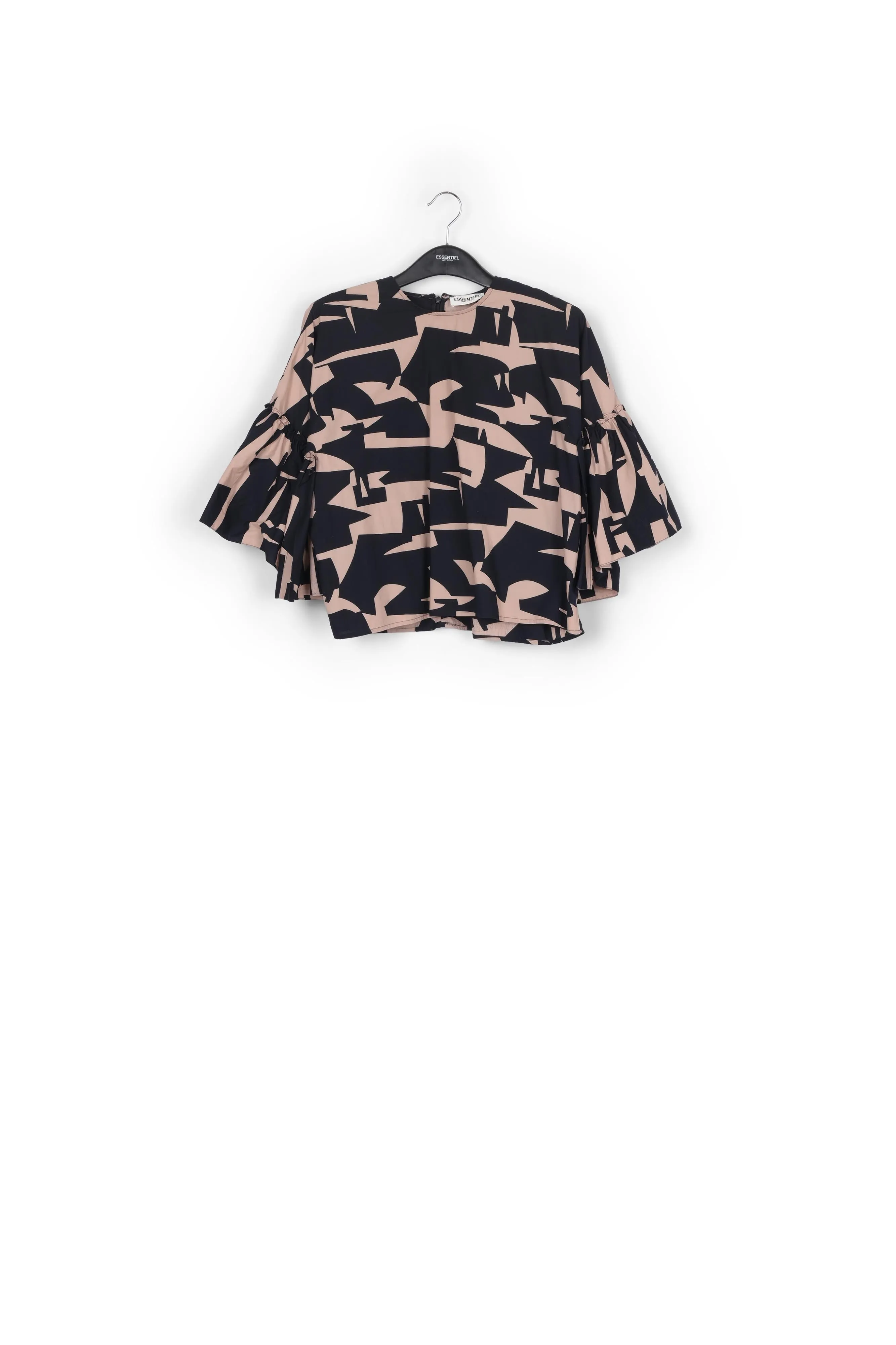 Dark blue and beige graphic printed top with ruffled sleeves