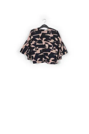 Dark blue and beige graphic printed top with ruffled sleeves