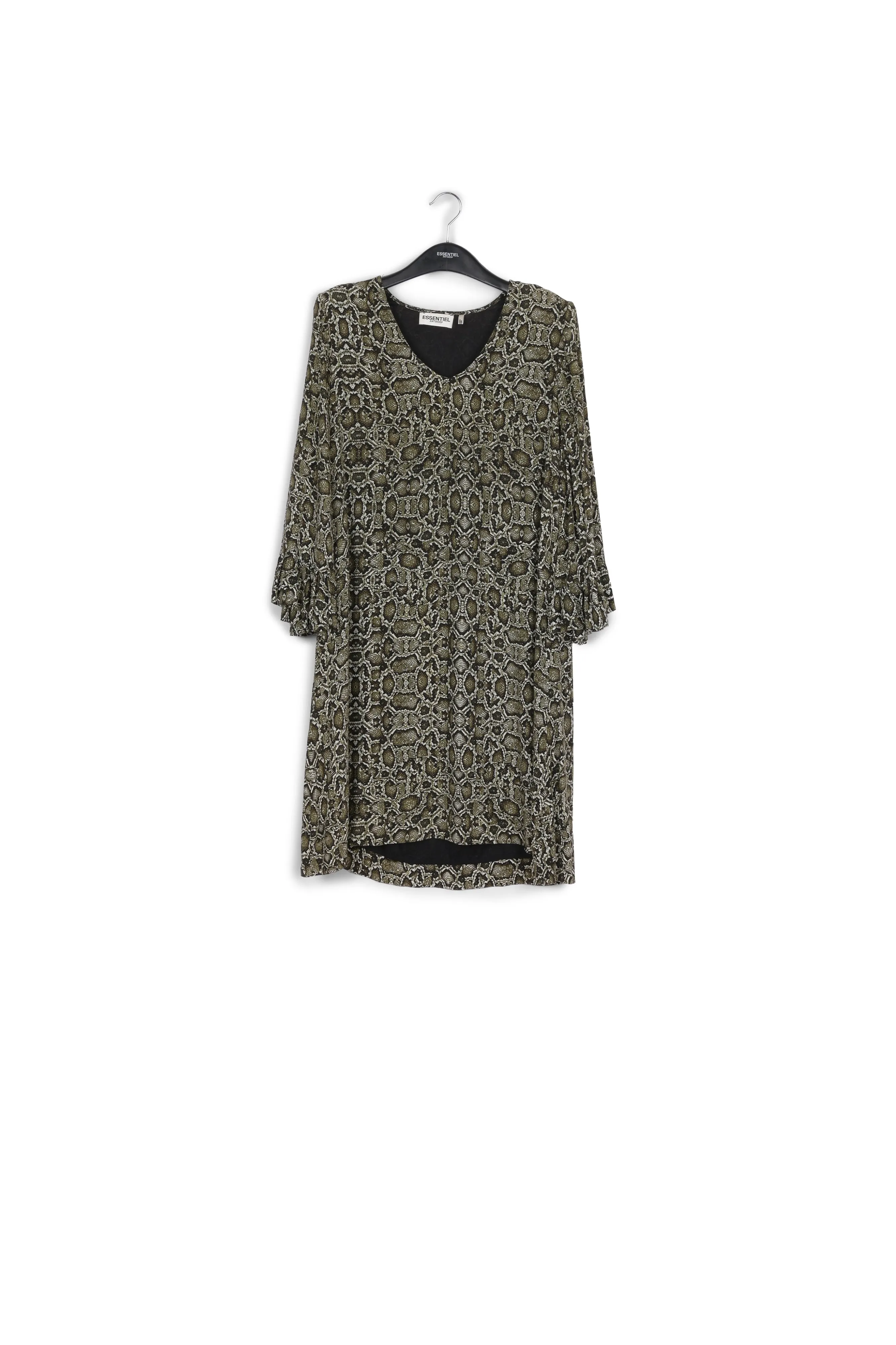 Dark blue and beige graphic printed top with ruffled sleeves