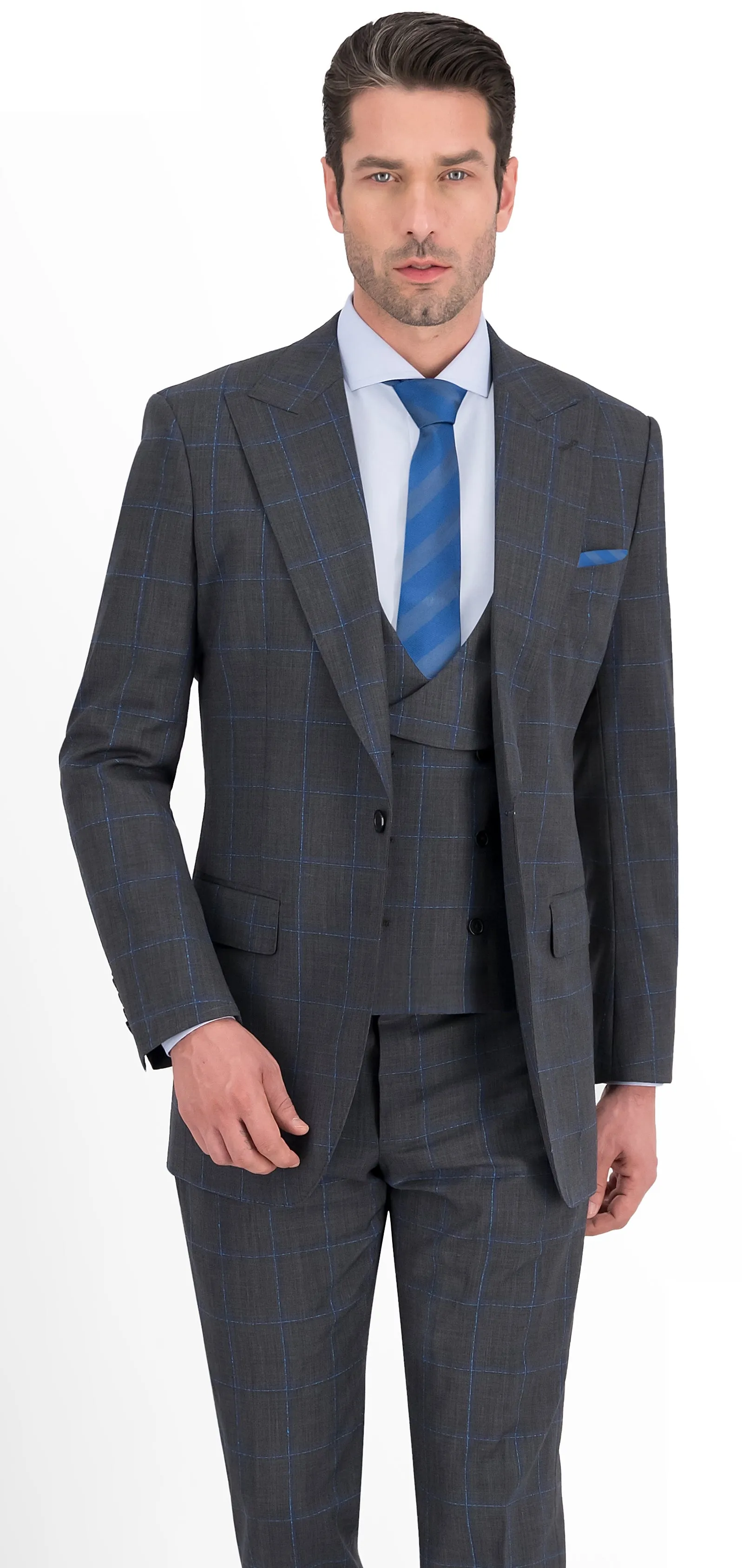 Dark Grey with Blue Slub Check Windowpane Long Suit