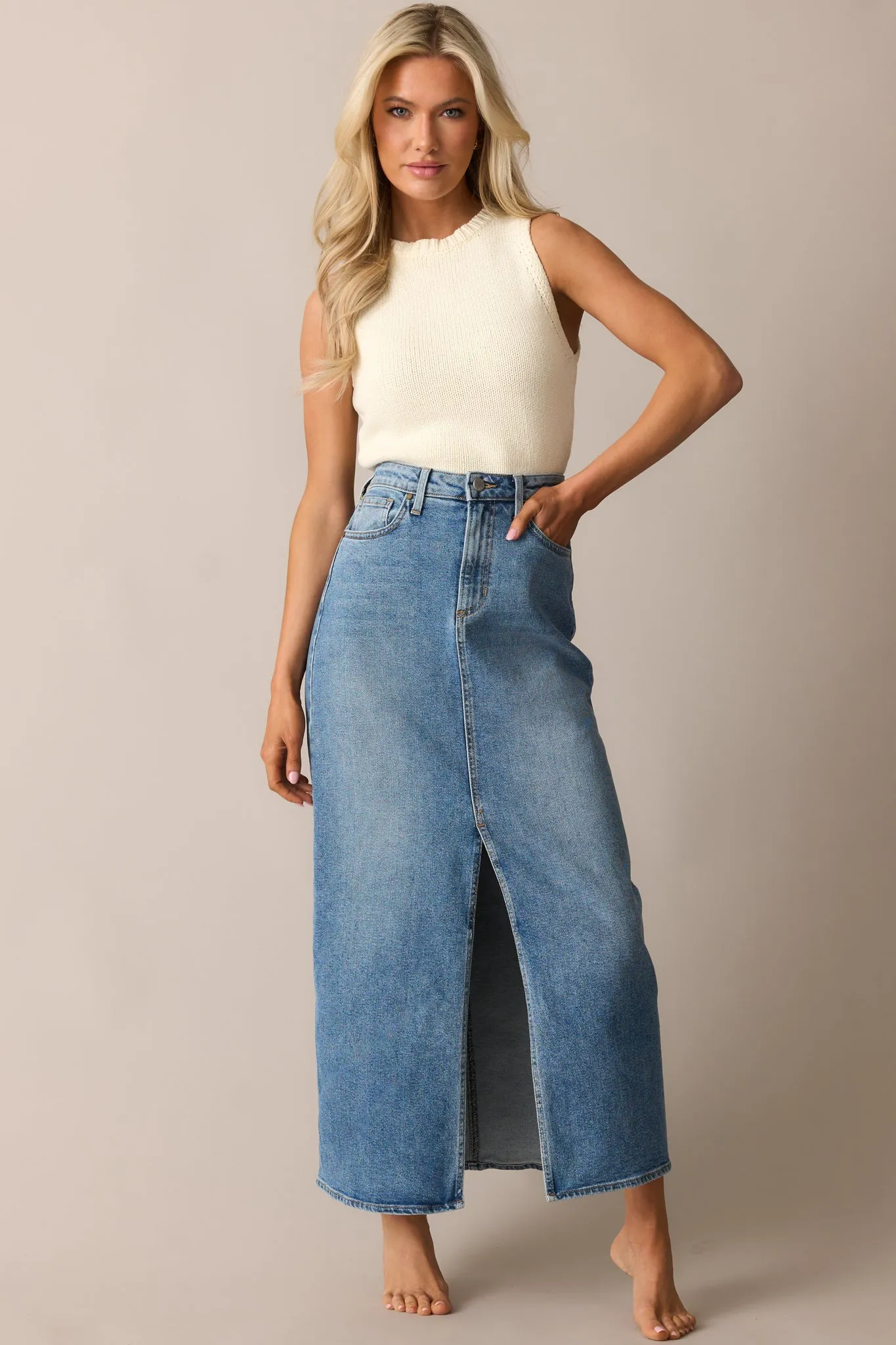 Days Of Dreaming Medium Wash Denim Midi Skirt