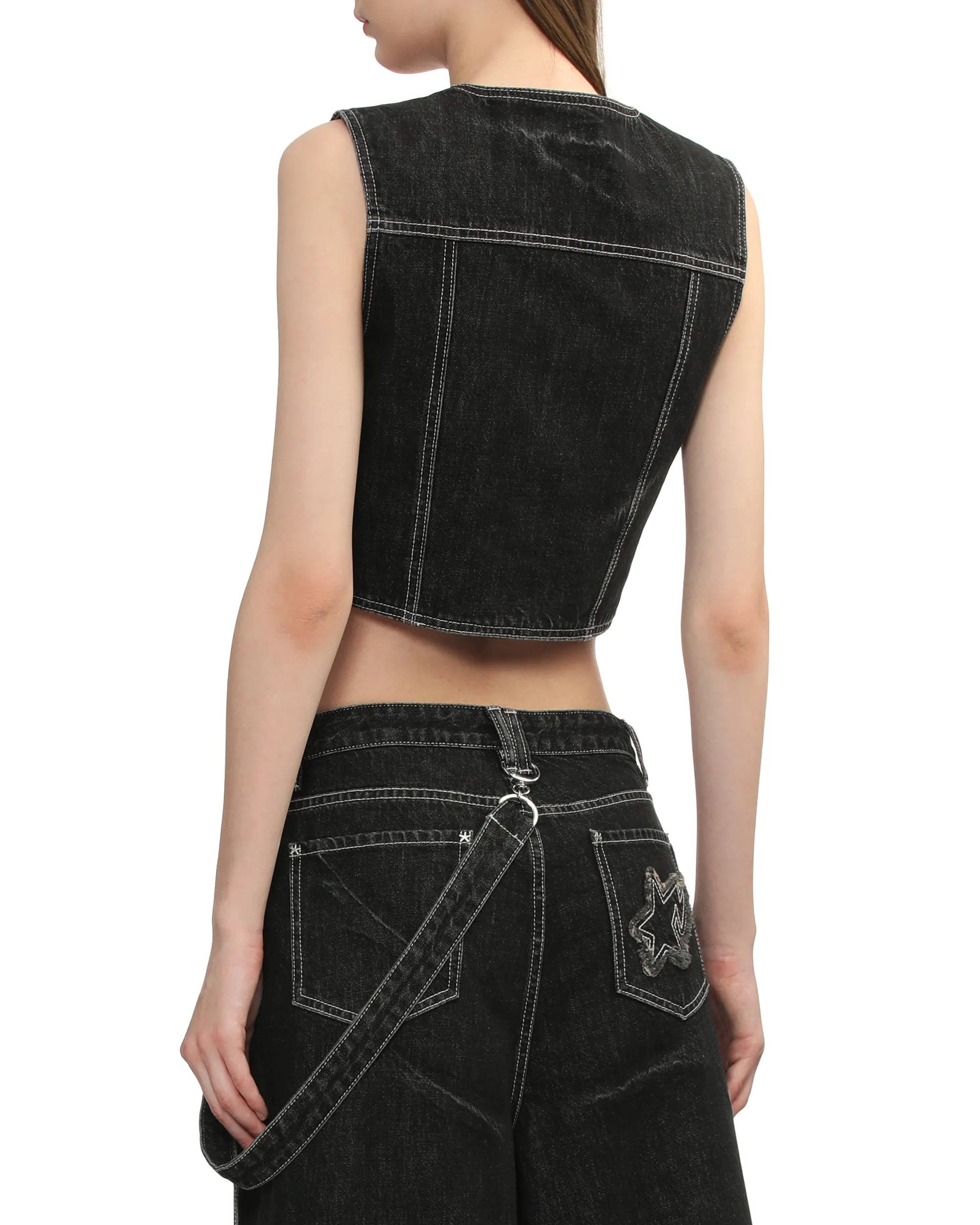 Denim collarless vest