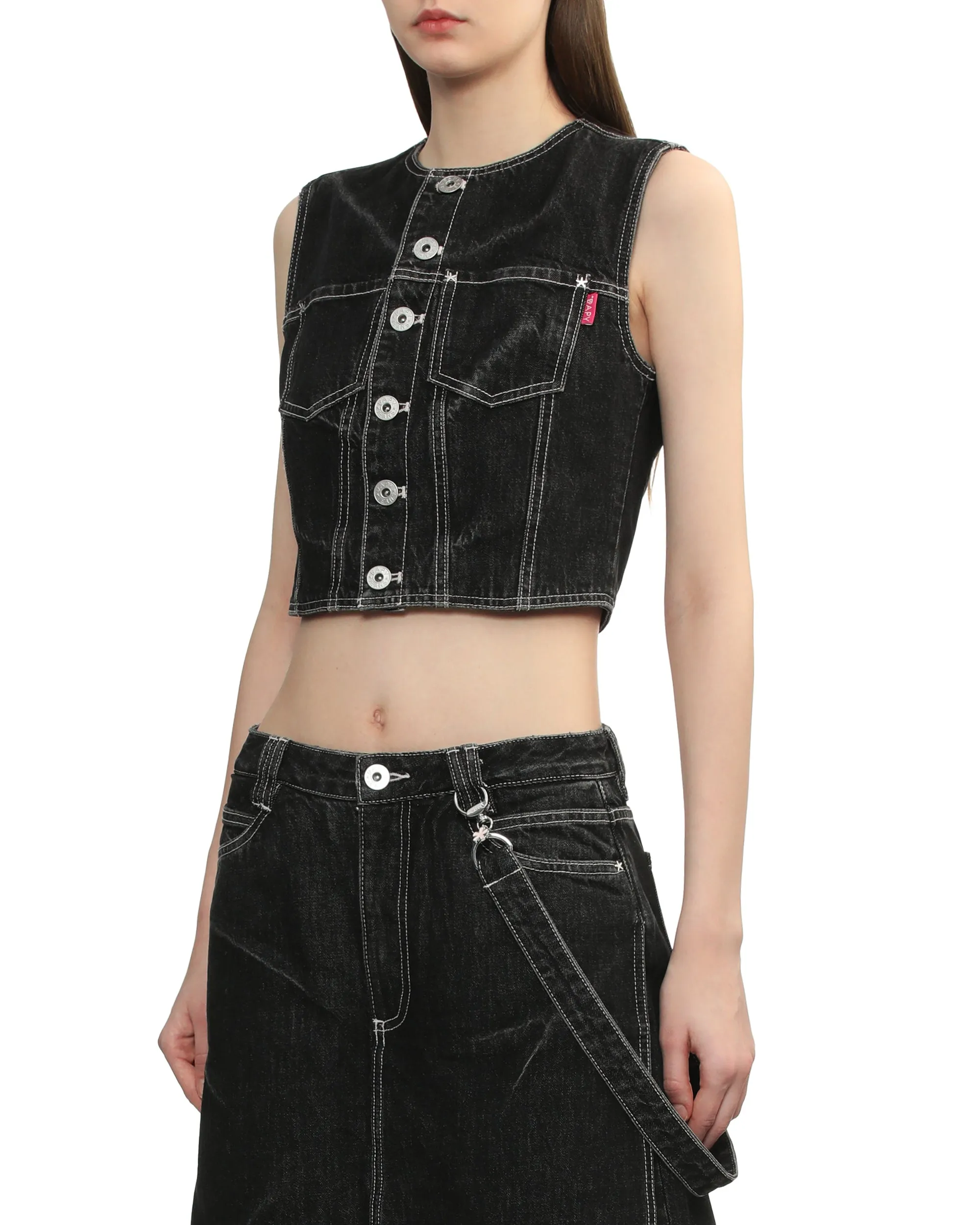 Denim collarless vest