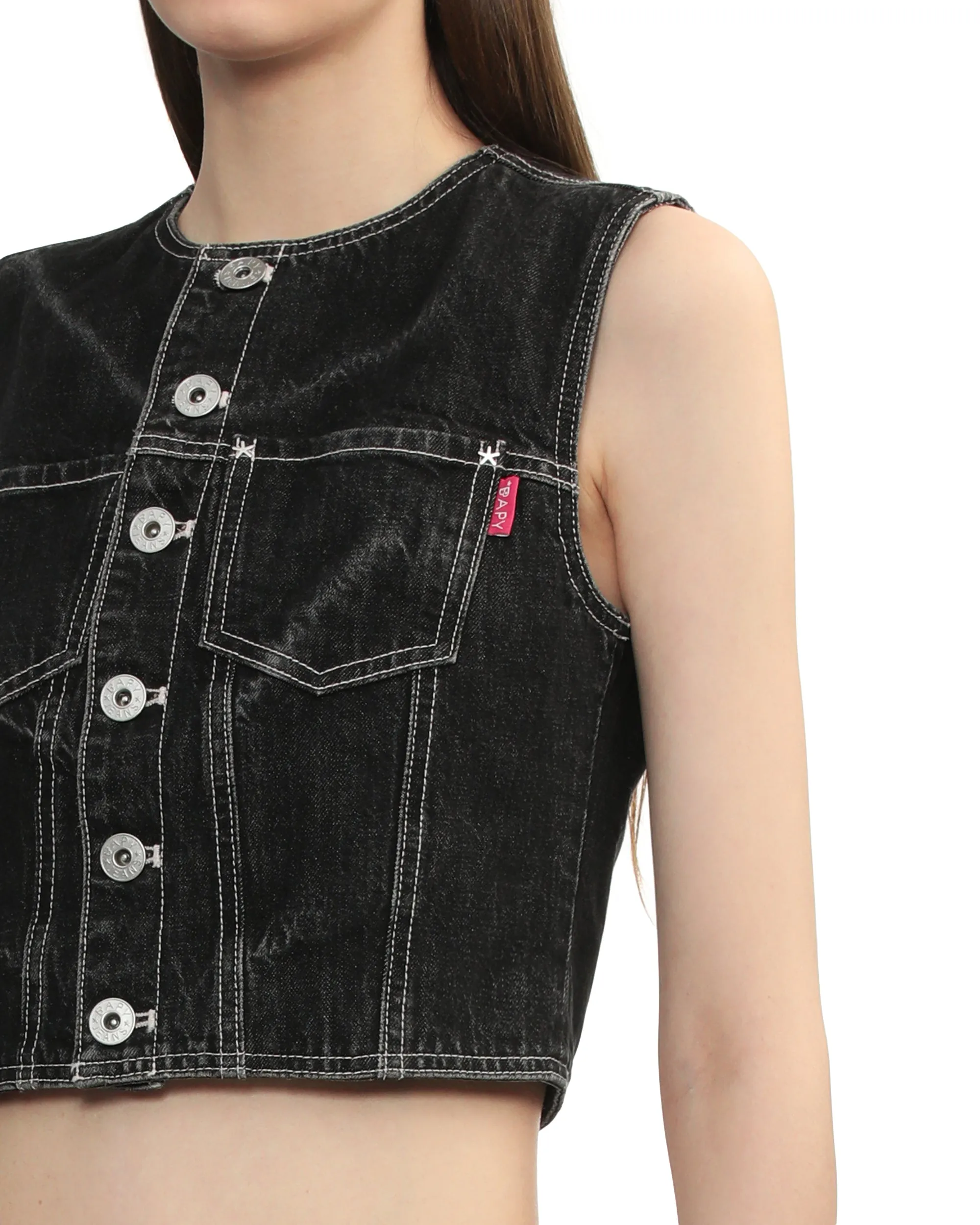 Denim collarless vest