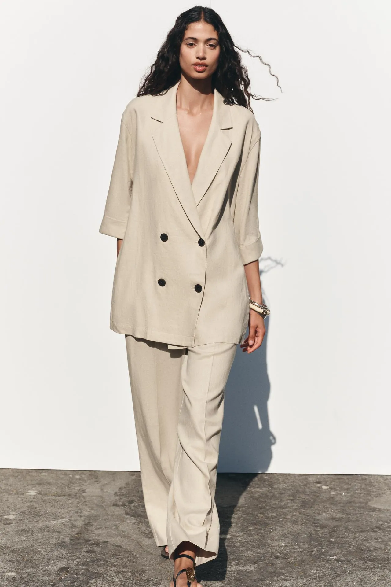 Double-breasted linen-blend blazer