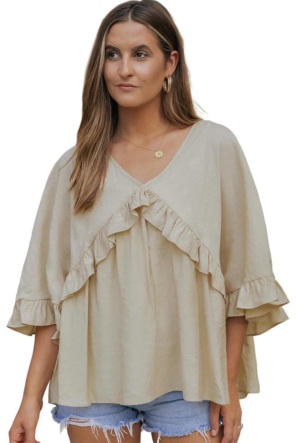 Draped Batwing Sleeve Ruffle Blouse