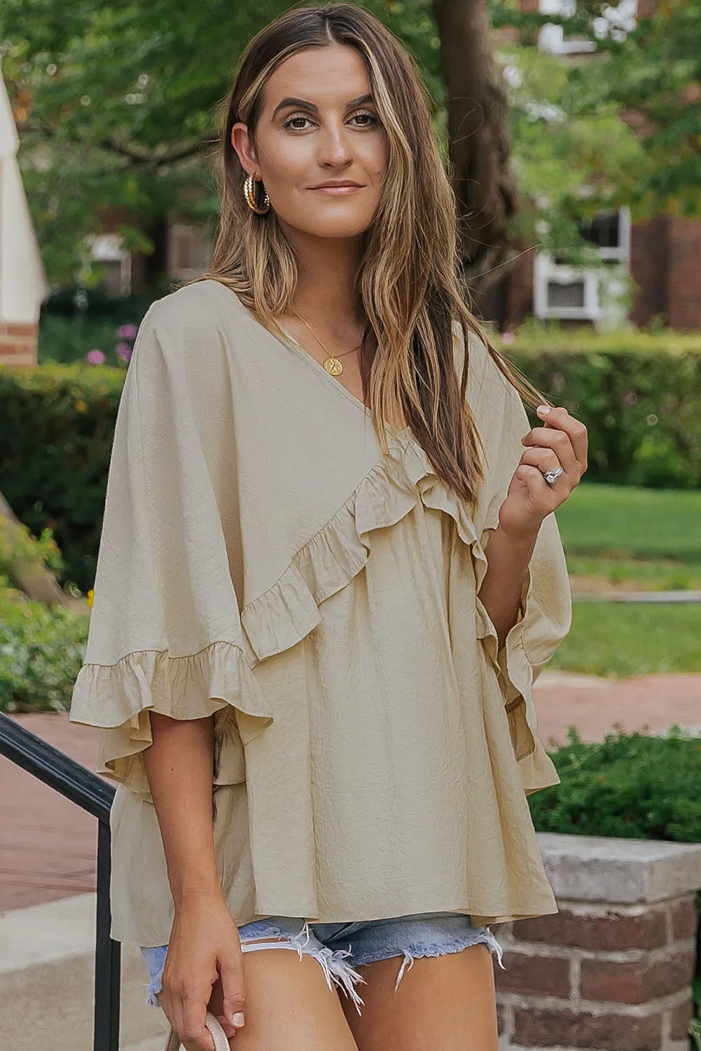 Draped Batwing Sleeve Ruffle Blouse