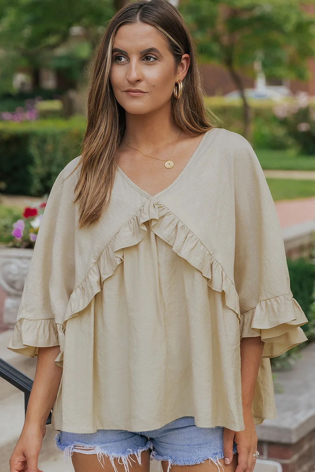 Draped Batwing Sleeve Ruffle Blouse