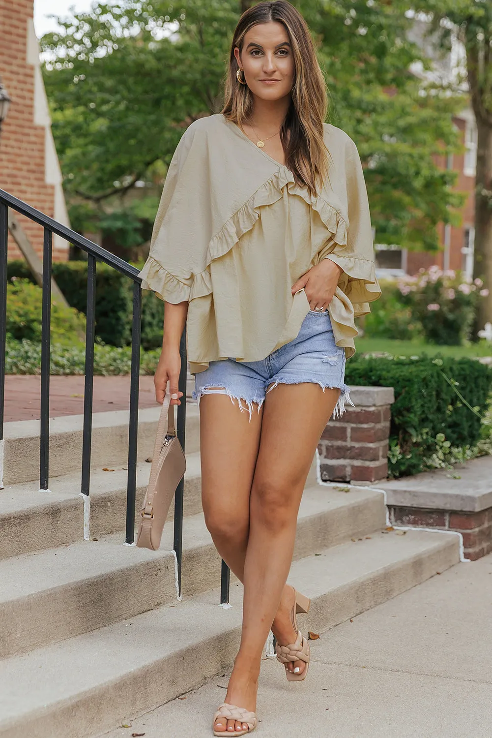Draped Batwing Sleeve Ruffle Blouse