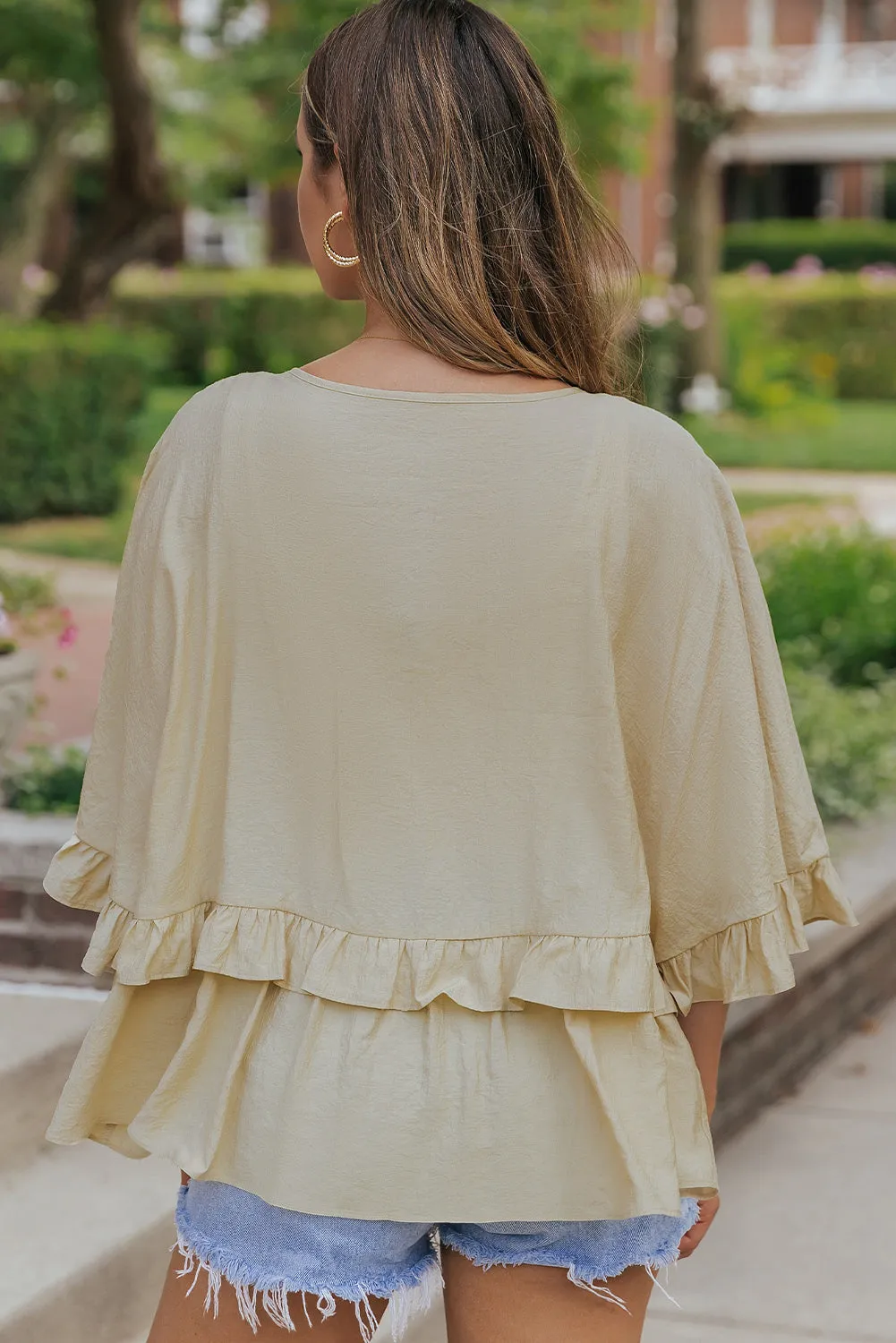 Draped Batwing Sleeve Ruffle Blouse