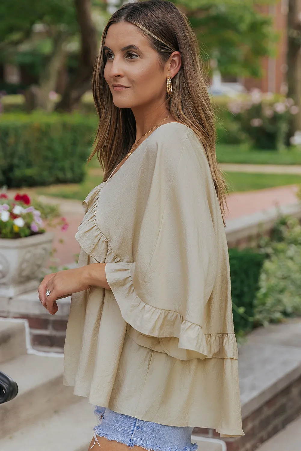 Draped Batwing Sleeve Ruffle Blouse