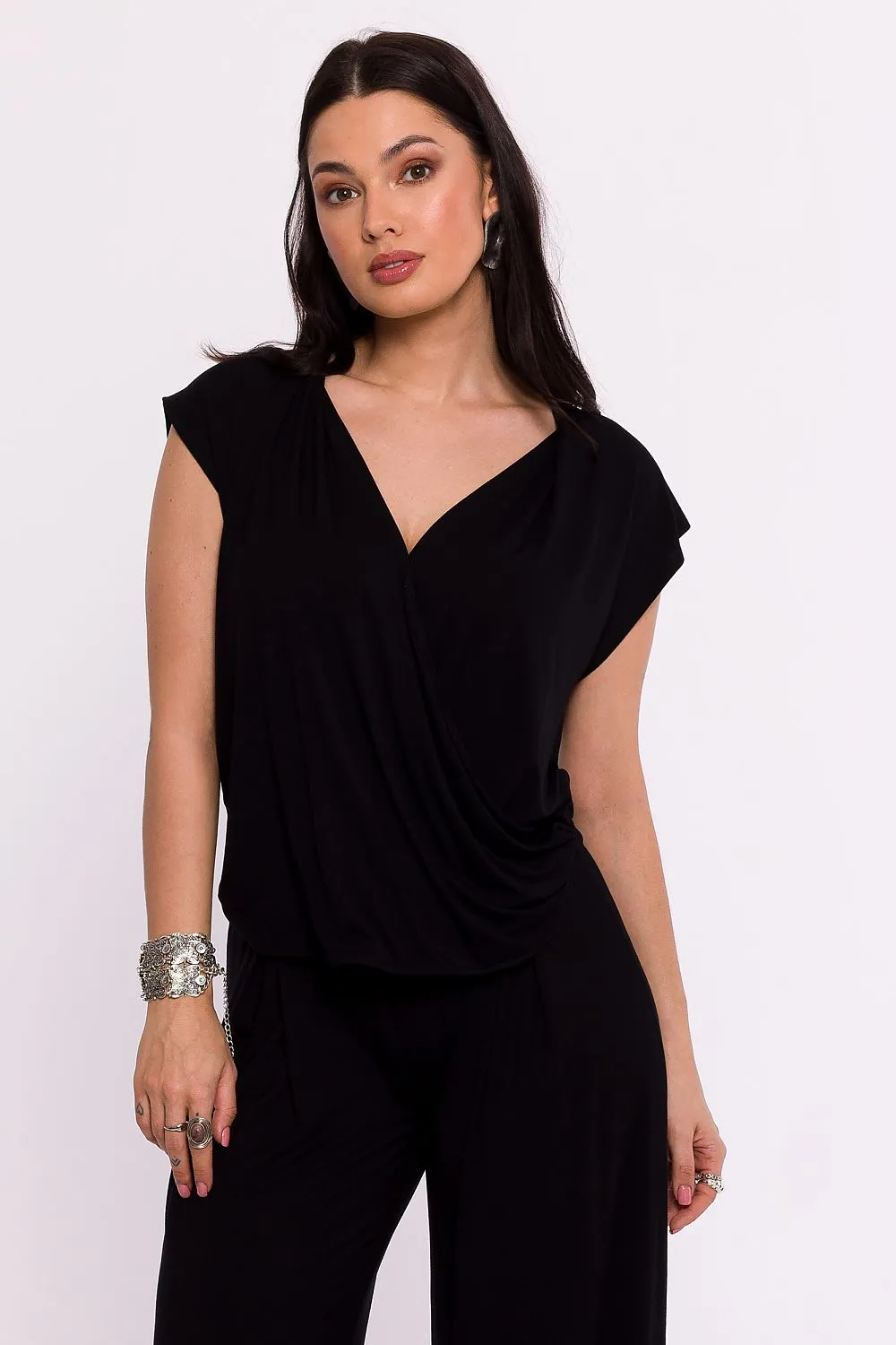 Draped Envelope Blouse with Batwing Sleeves