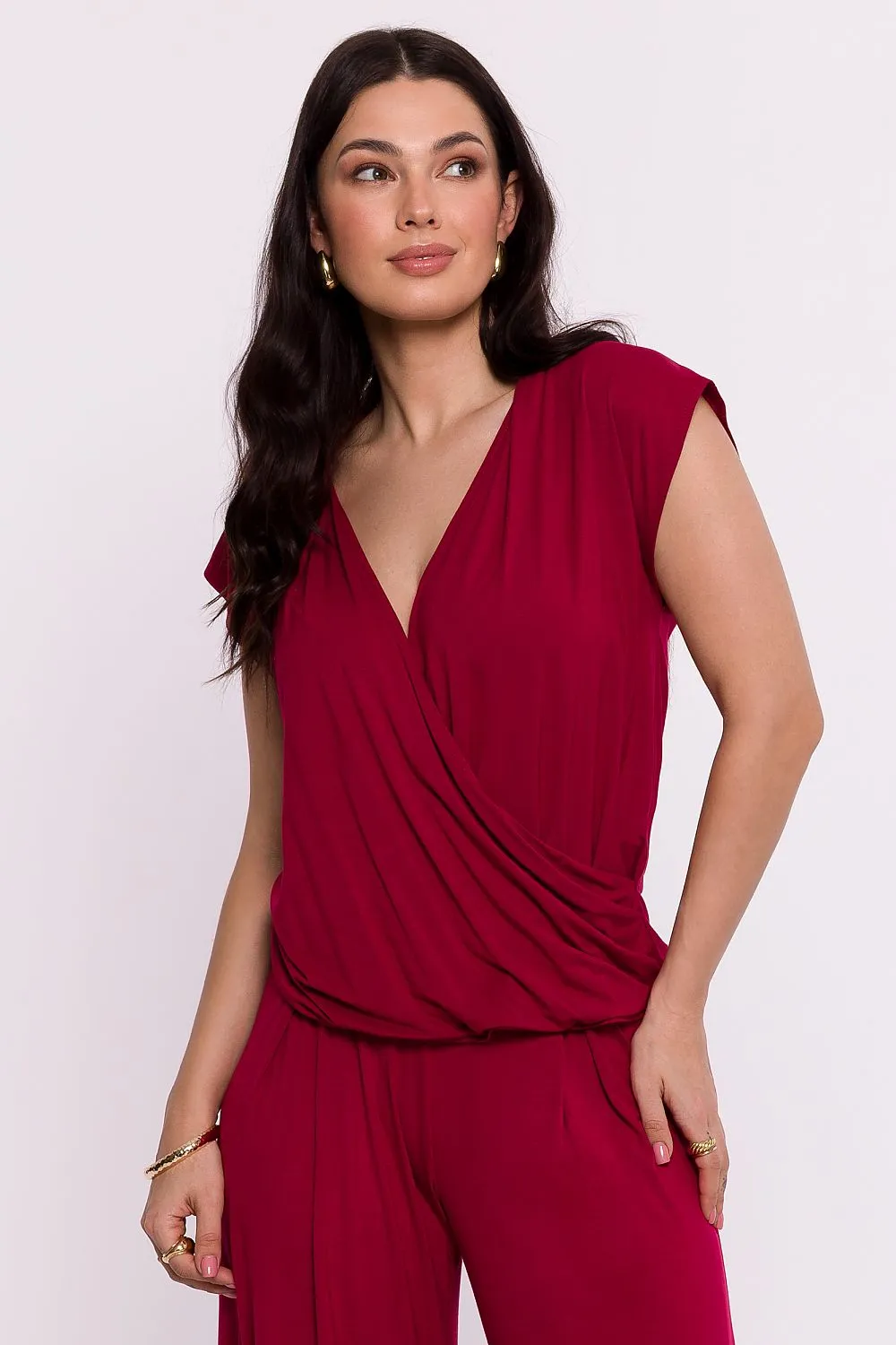 Draped Envelope Blouse with Batwing Sleeves