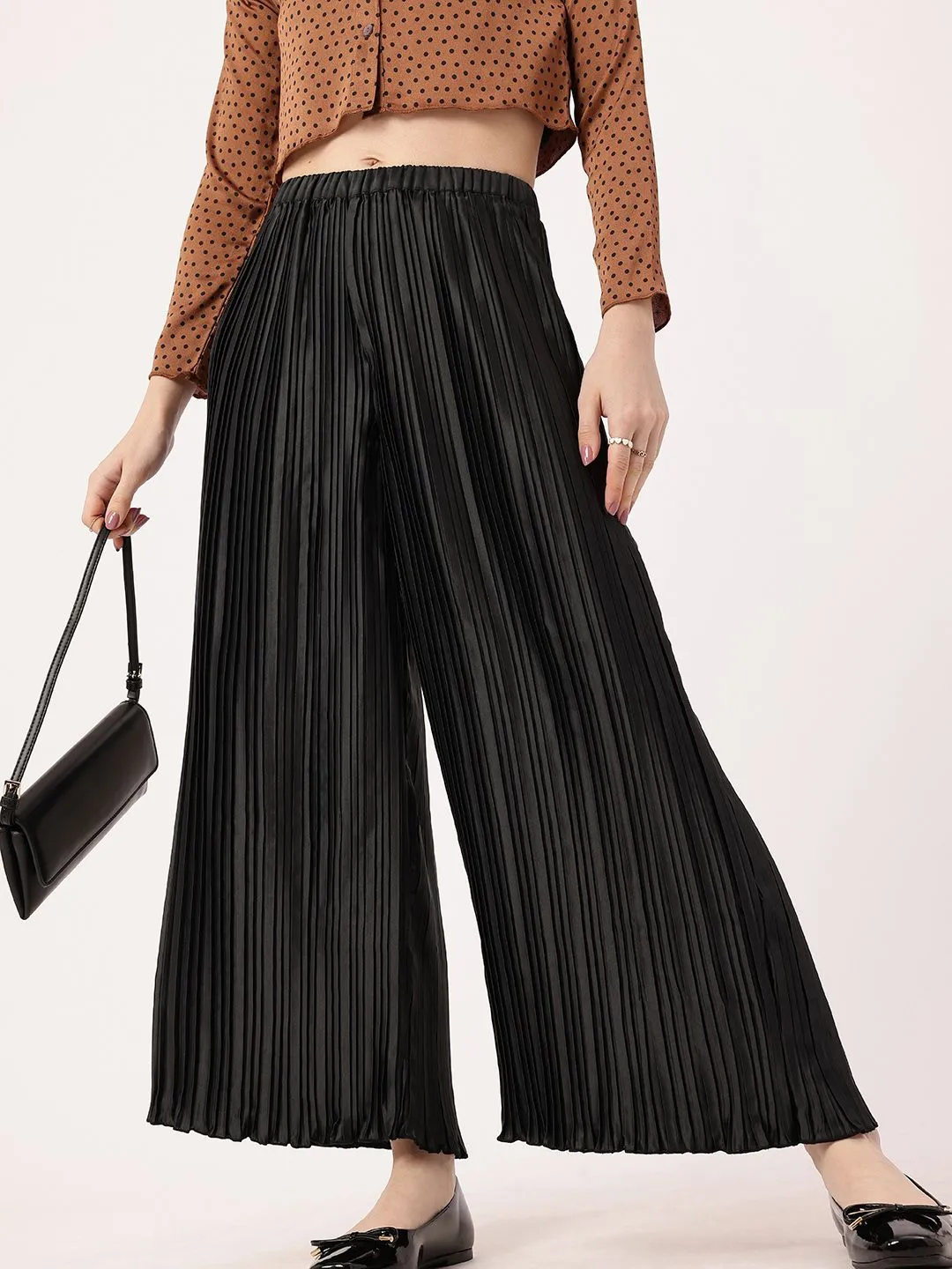 DressBerry Women Luxurious Layers Accordion Pleated Satin Finish Wide Leg Trousers