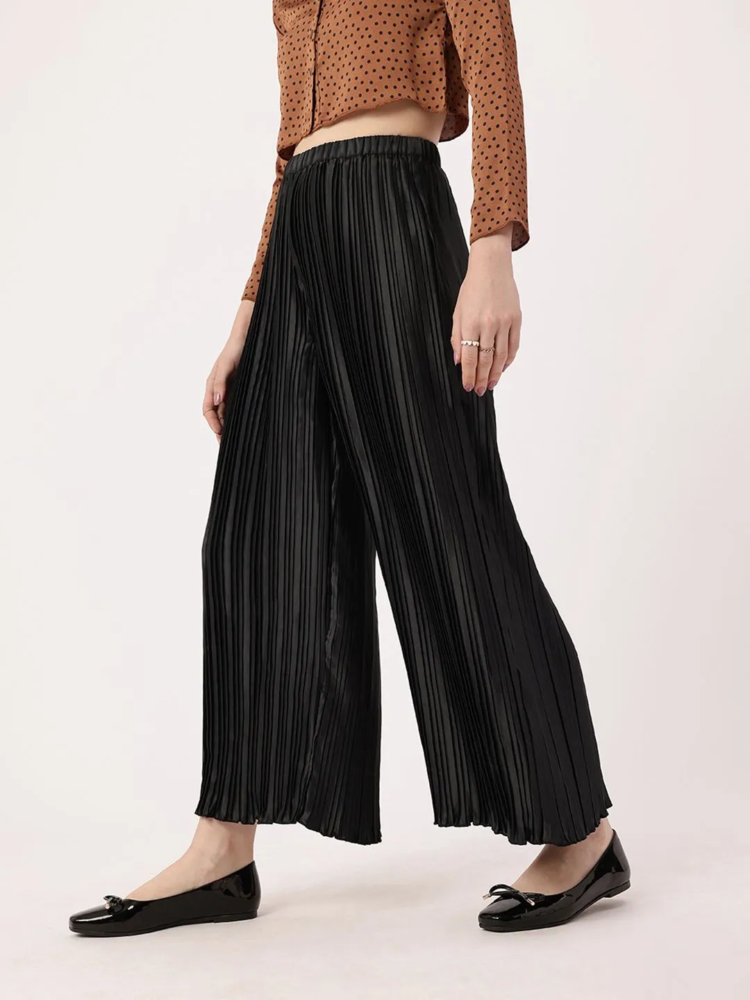 DressBerry Women Luxurious Layers Accordion Pleated Satin Finish Wide Leg Trousers