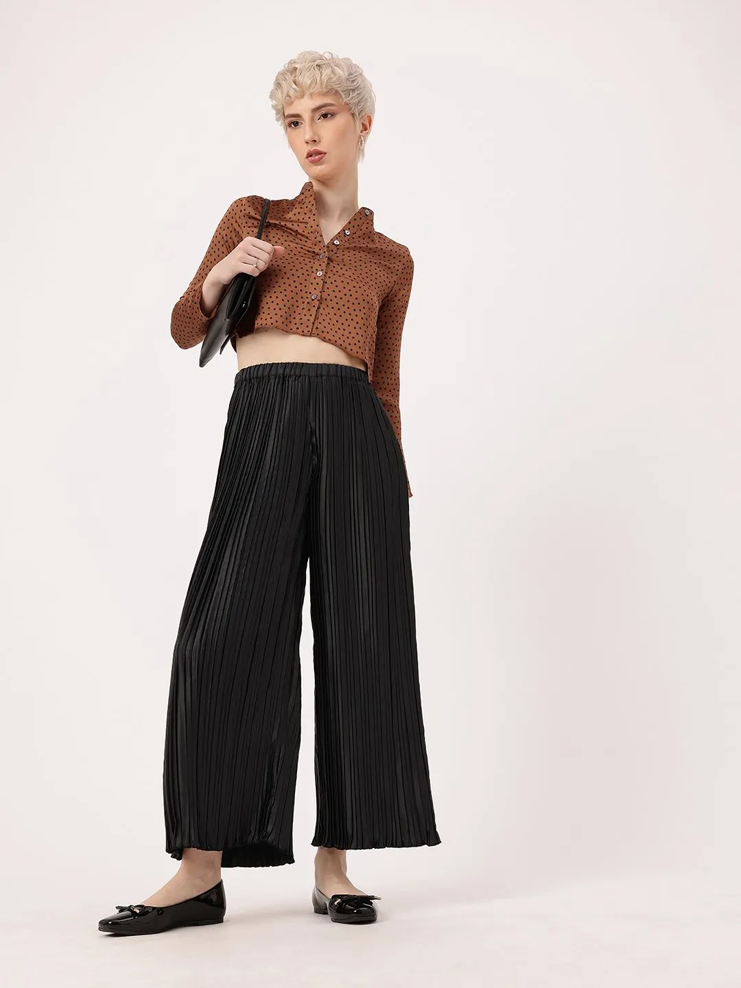 DressBerry Women Luxurious Layers Accordion Pleated Satin Finish Wide Leg Trousers