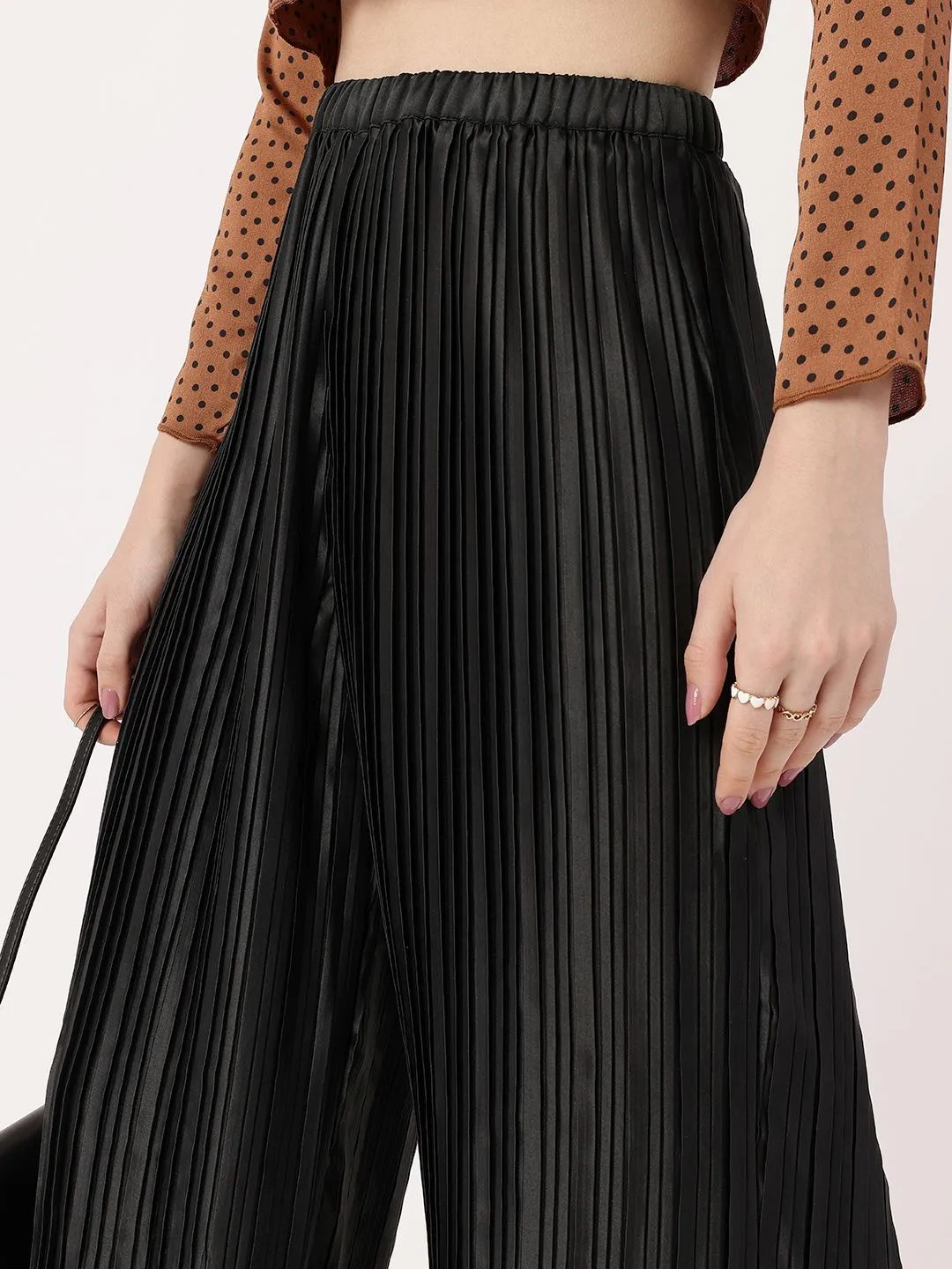 DressBerry Women Luxurious Layers Accordion Pleated Satin Finish Wide Leg Trousers