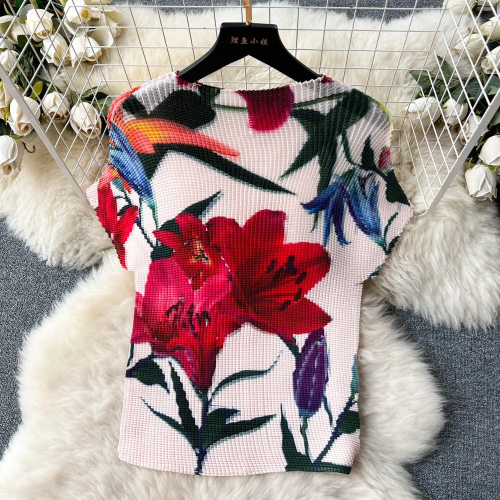 European and American Style Fashion Mature Women Suit Women's Summer French Style High-Grade Printed Top Loose Pleated Wide-Leg Trousers