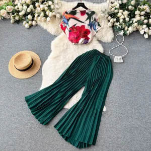European and American Style Fashion Mature Women Suit Women's Summer French Style High-Grade Printed Top Loose Pleated Wide-Leg Trousers
