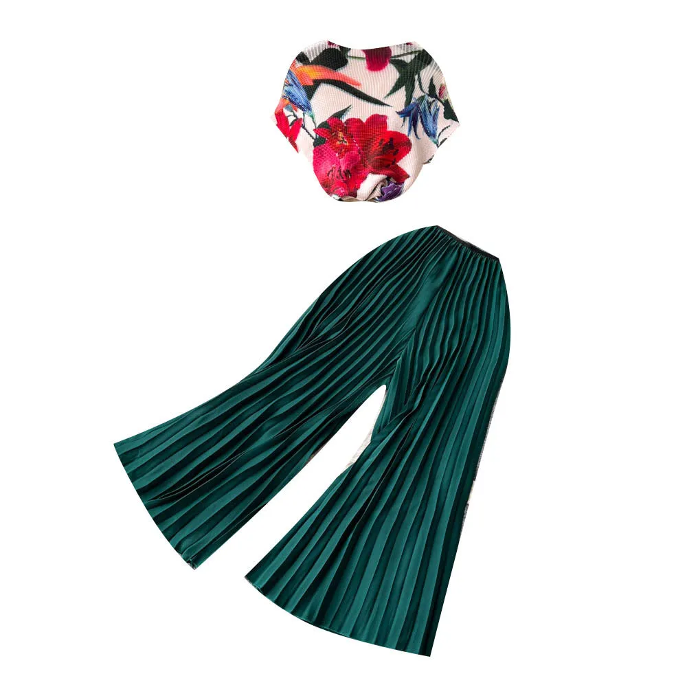 European and American Style Fashion Mature Women Suit Women's Summer French Style High-Grade Printed Top Loose Pleated Wide-Leg Trousers