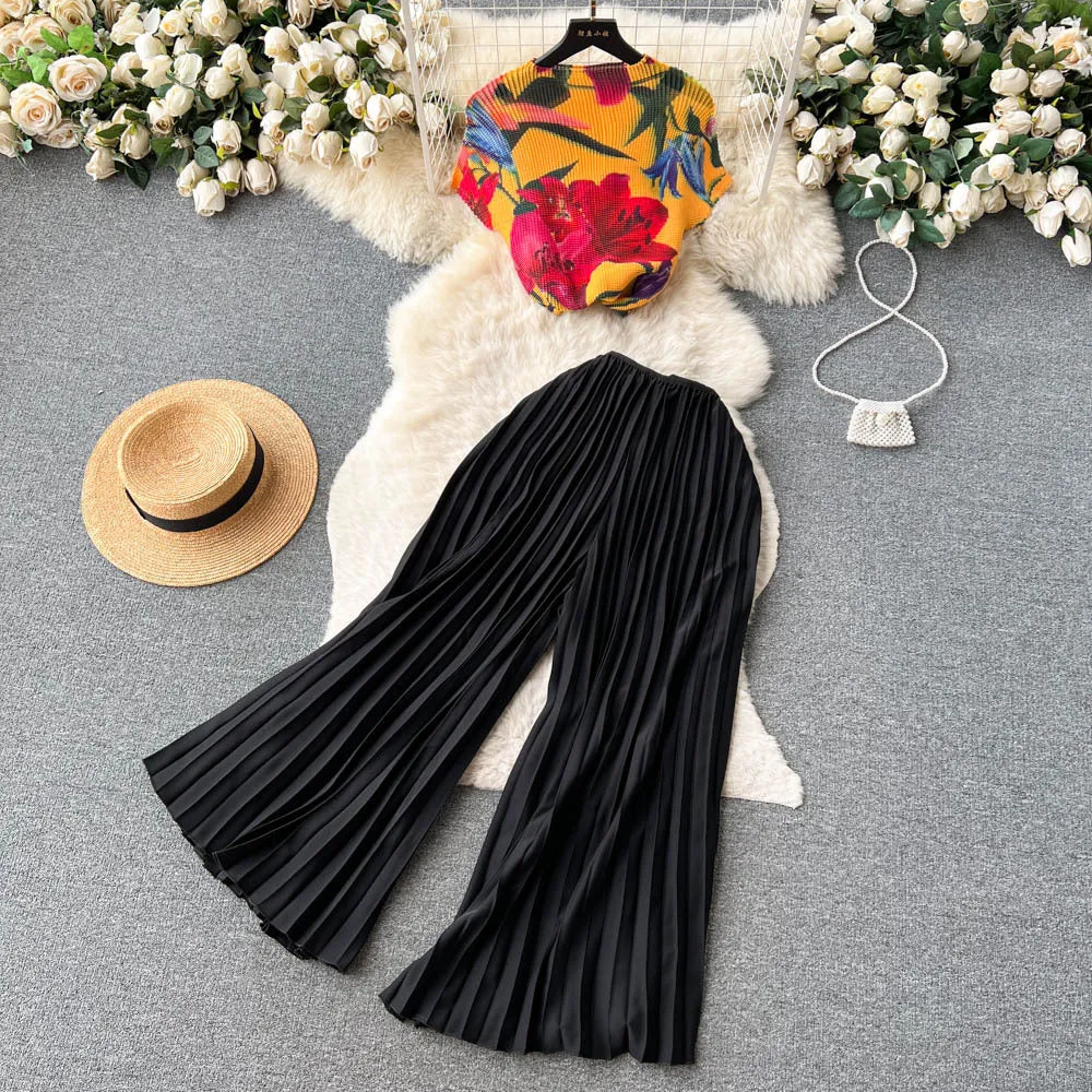 European and American Style Fashion Mature Women Suit Women's Summer French Style High-Grade Printed Top Loose Pleated Wide-Leg Trousers