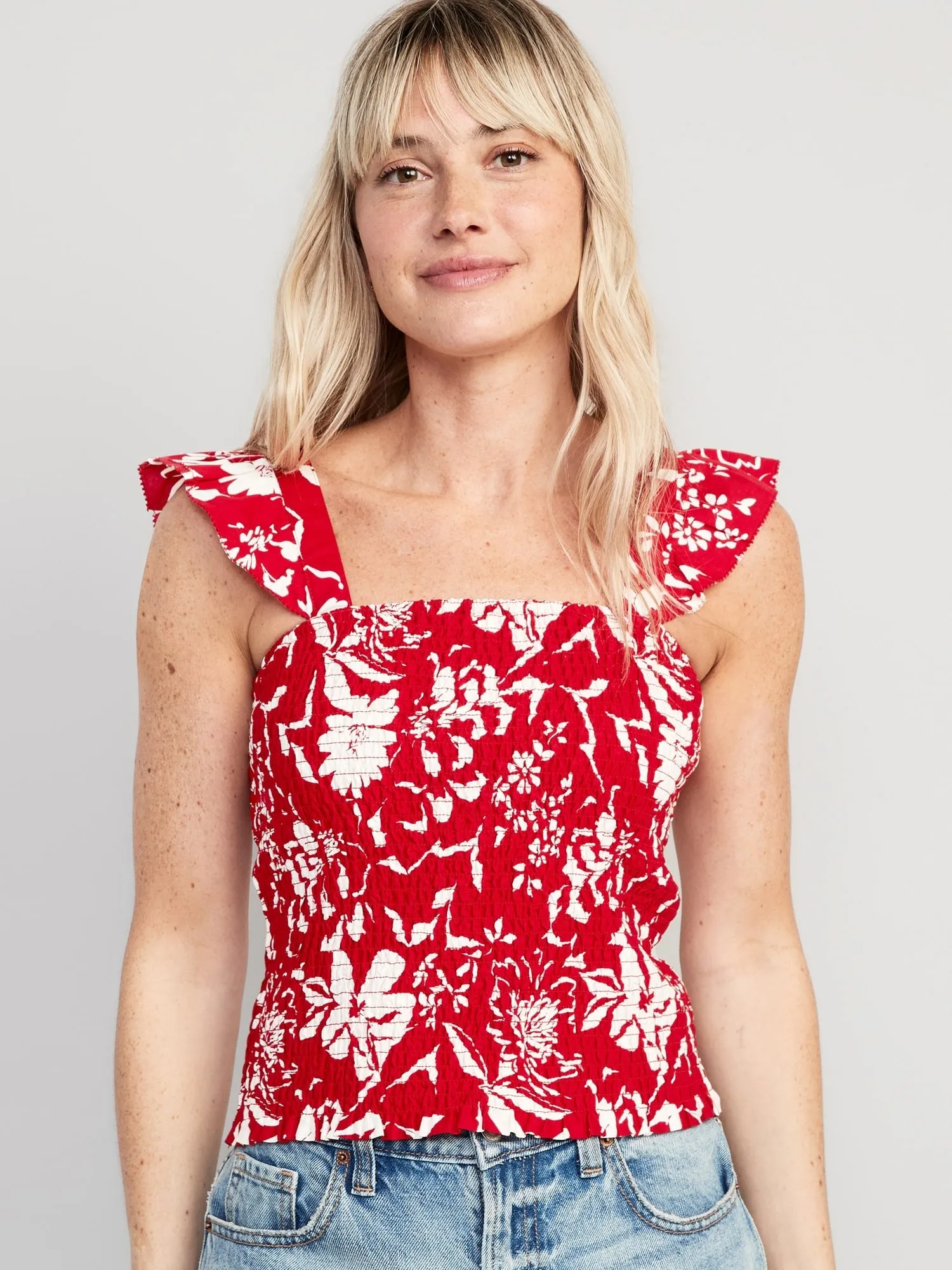 Fitted Ruffle-Trim Smocked Floral Top for Women