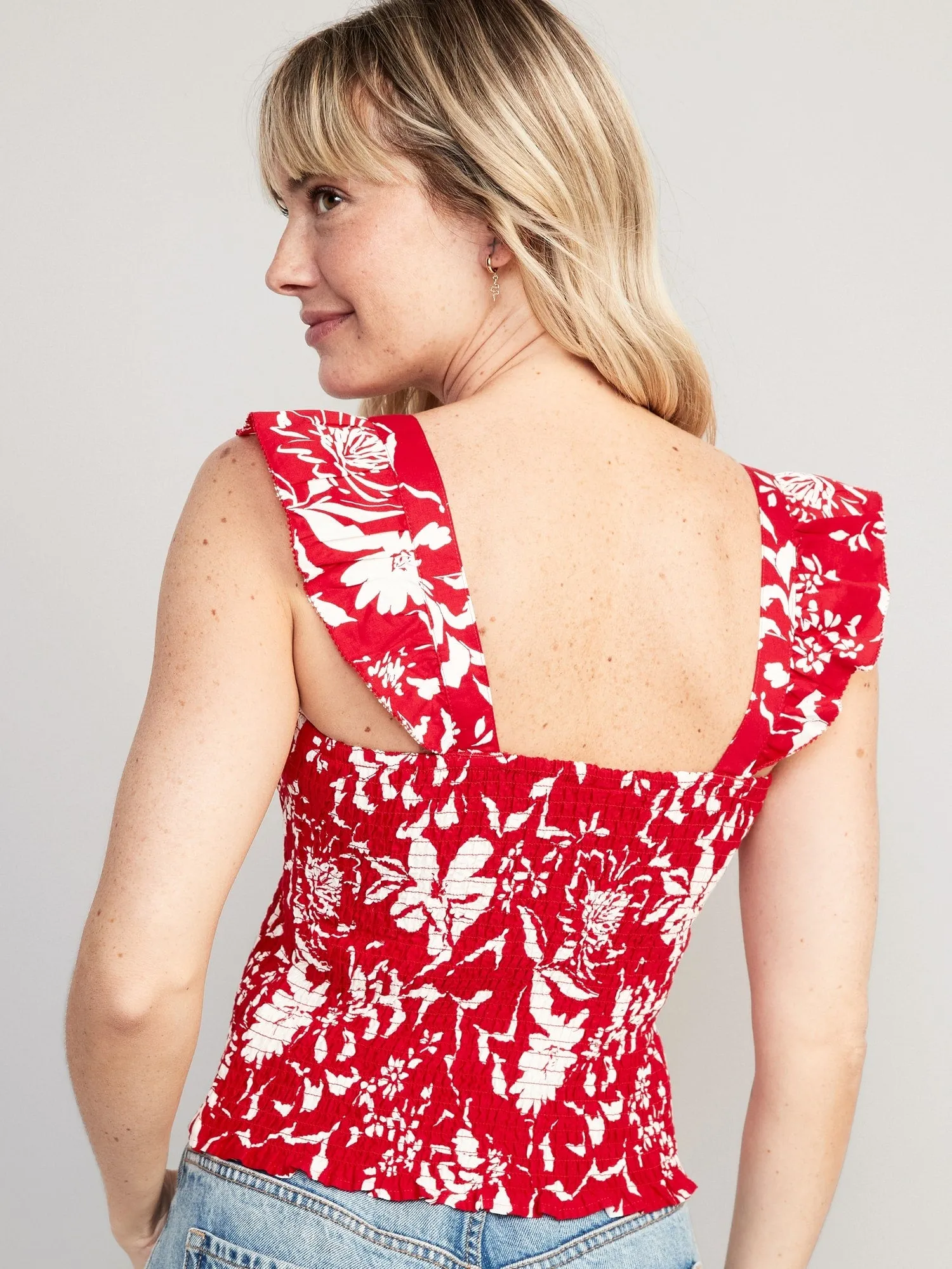 Fitted Ruffle-Trim Smocked Floral Top for Women