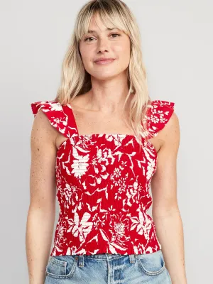 Fitted Ruffle-Trim Smocked Floral Top for Women