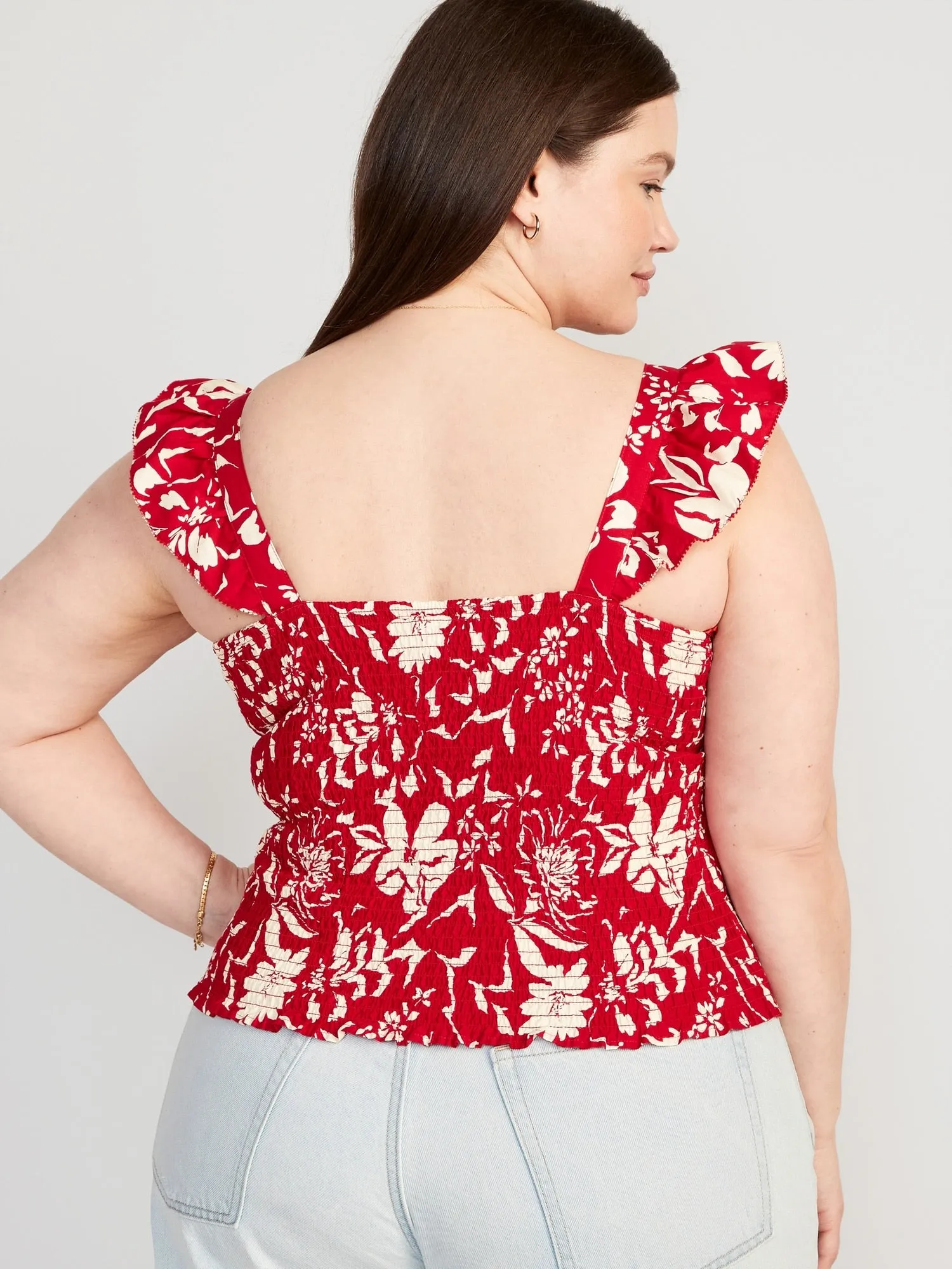 Fitted Ruffle-Trim Smocked Floral Top for Women