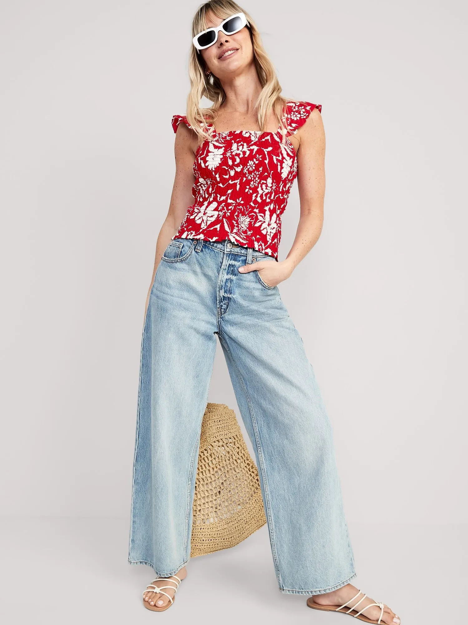 Fitted Ruffle-Trim Smocked Floral Top for Women