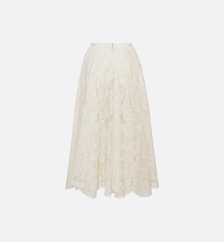 Flared Mid-Length Skirt • Ecru Technical Cotton Lace with Allover Butterfly Motif