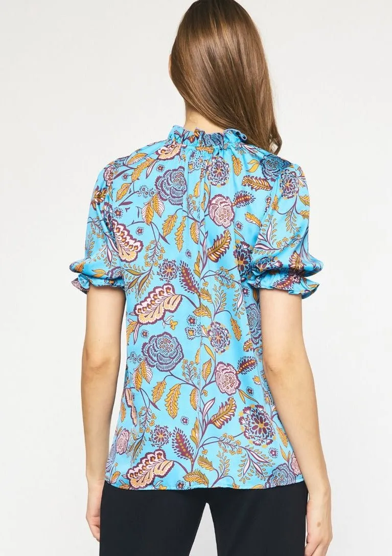 Floral Blouse with Ruffled Neck