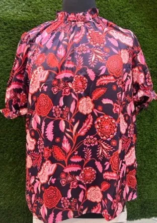 Floral Blouse with Ruffled Neck