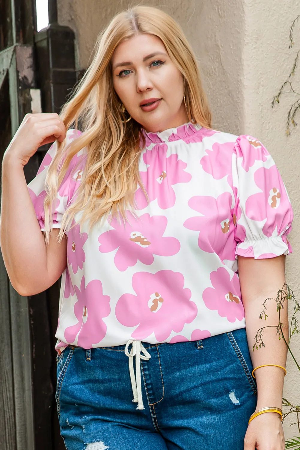 Floral Puff Sleeve Plus Size Blouse