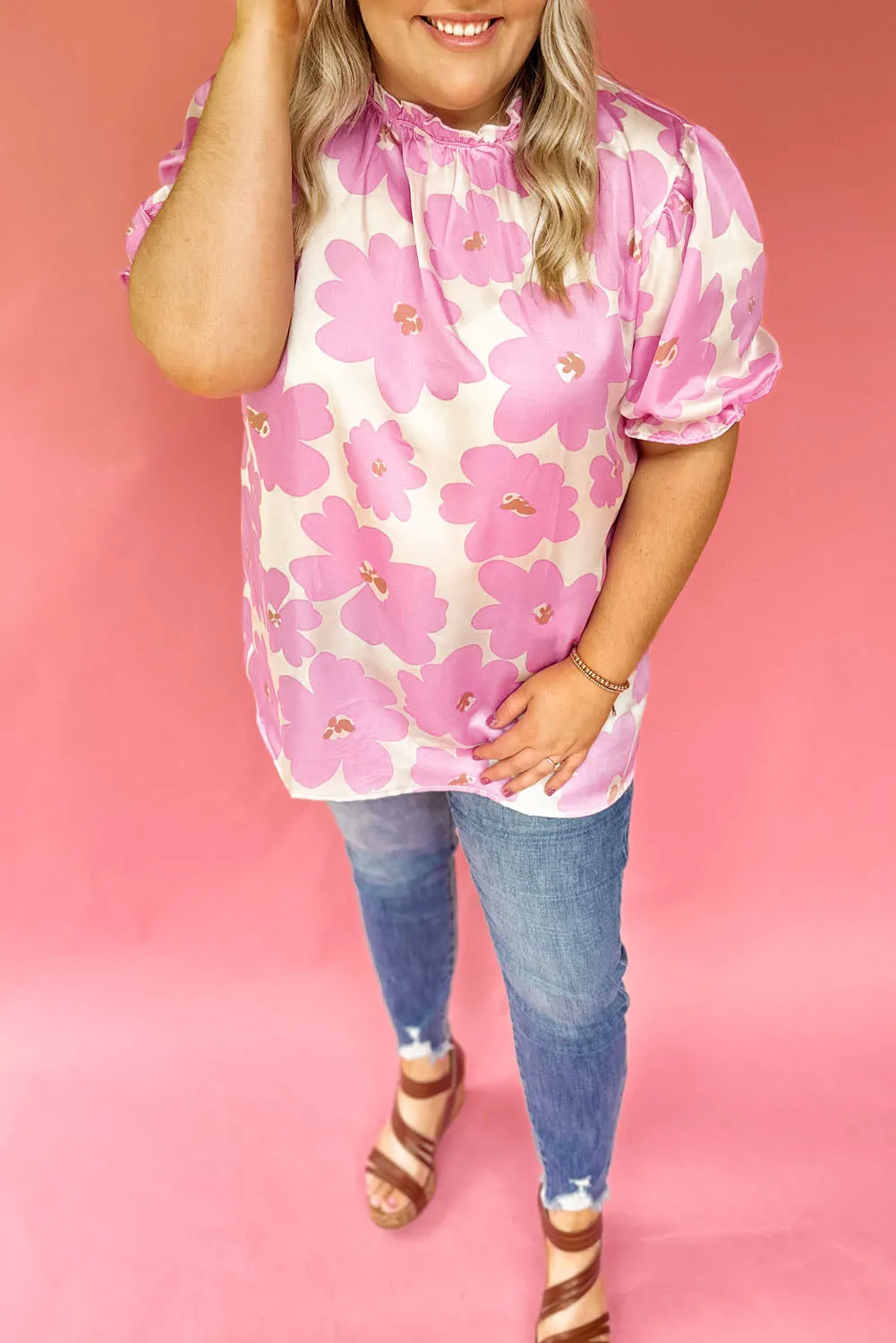 Floral Puff Sleeve Plus Size Blouse