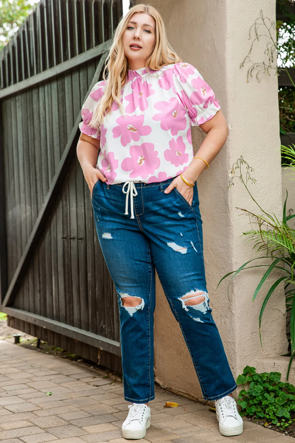 Floral Puff Sleeve Plus Size Blouse