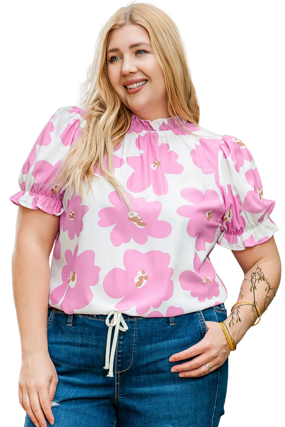 Floral Puff Sleeve Plus Size Blouse