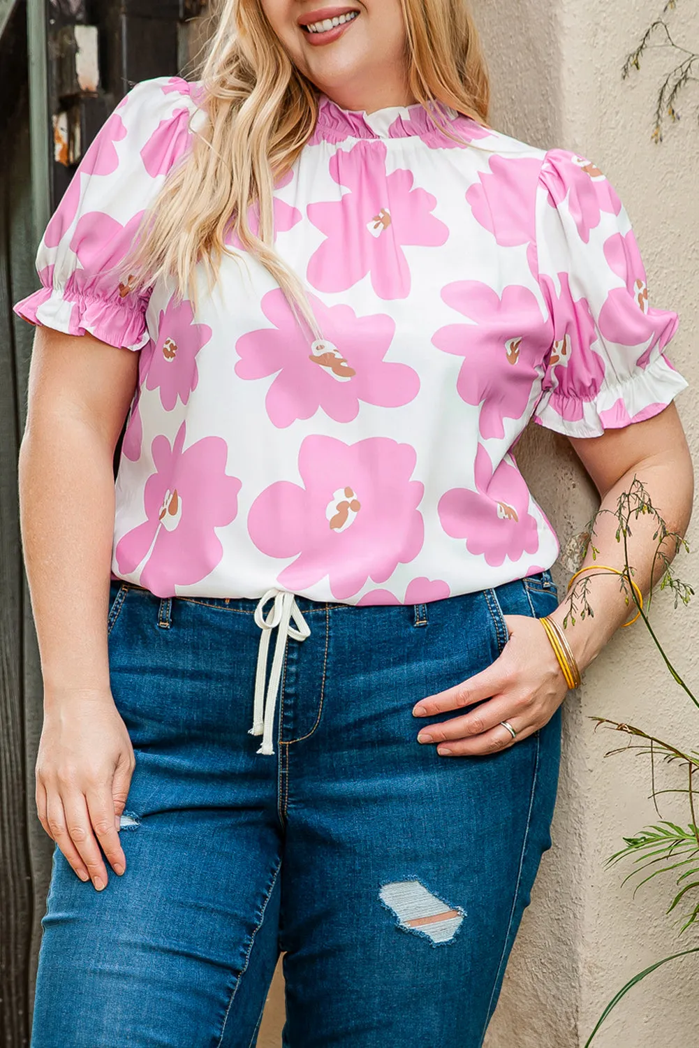 Floral Puff Sleeve Plus Size Blouse