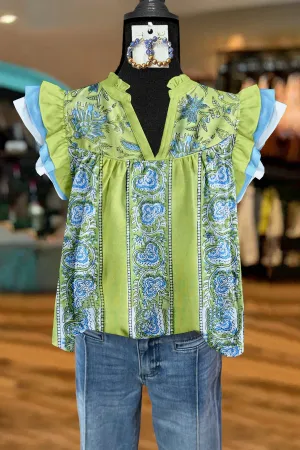 Fresh Plant Print Flying Sleeves Pleated V-Neck Blouse