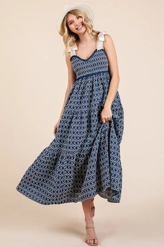 GeeGee Geometric Embroidered Smocked Tie Shoulder Midi Dress