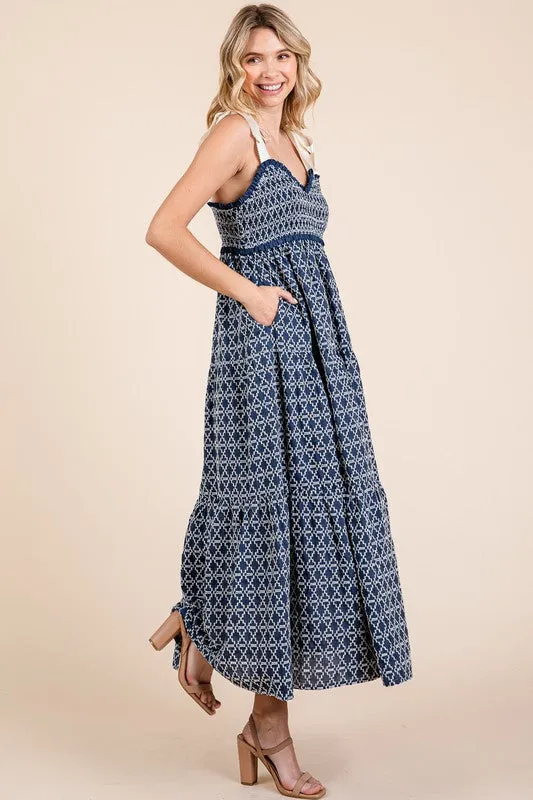 GeeGee Geometric Embroidered Smocked Tie Shoulder Midi Dress