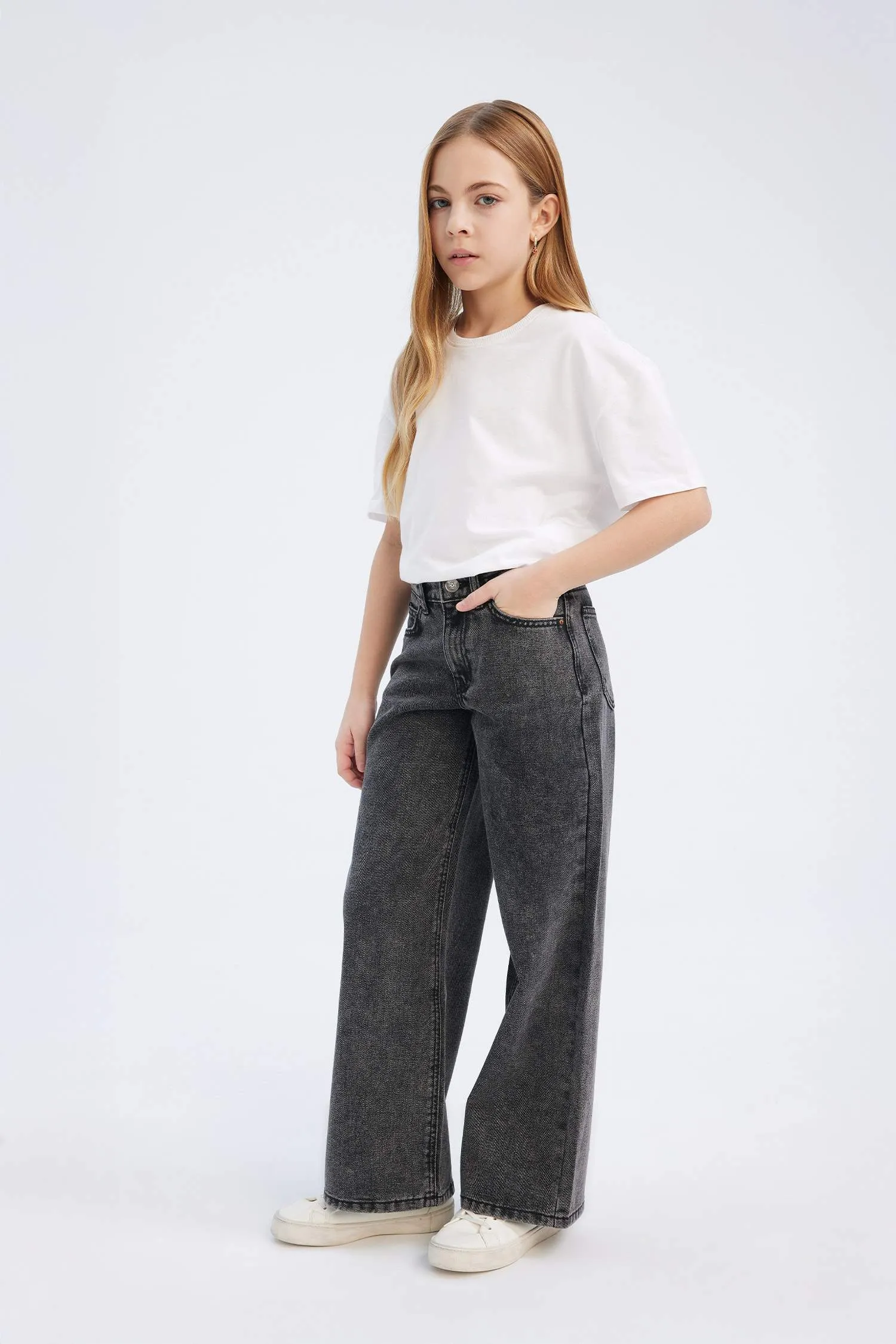 Girls Children Wide Wide Pleated Legs Cotton Jean Pants