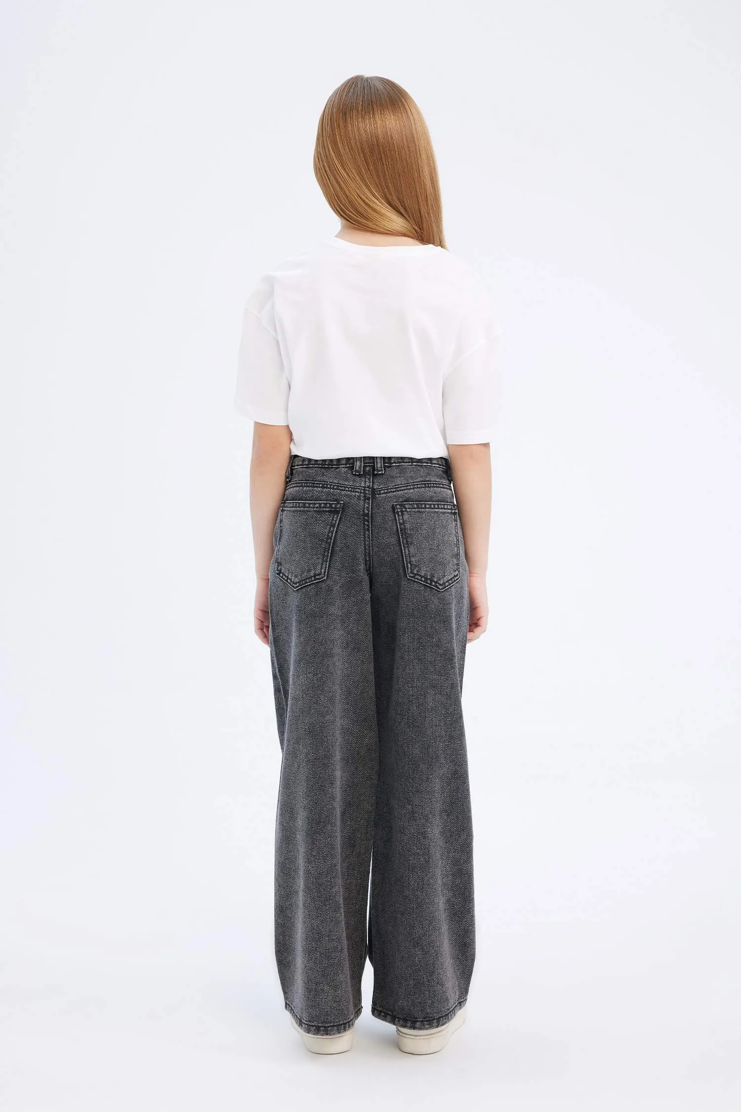 Girls Children Wide Wide Pleated Legs Cotton Jean Pants