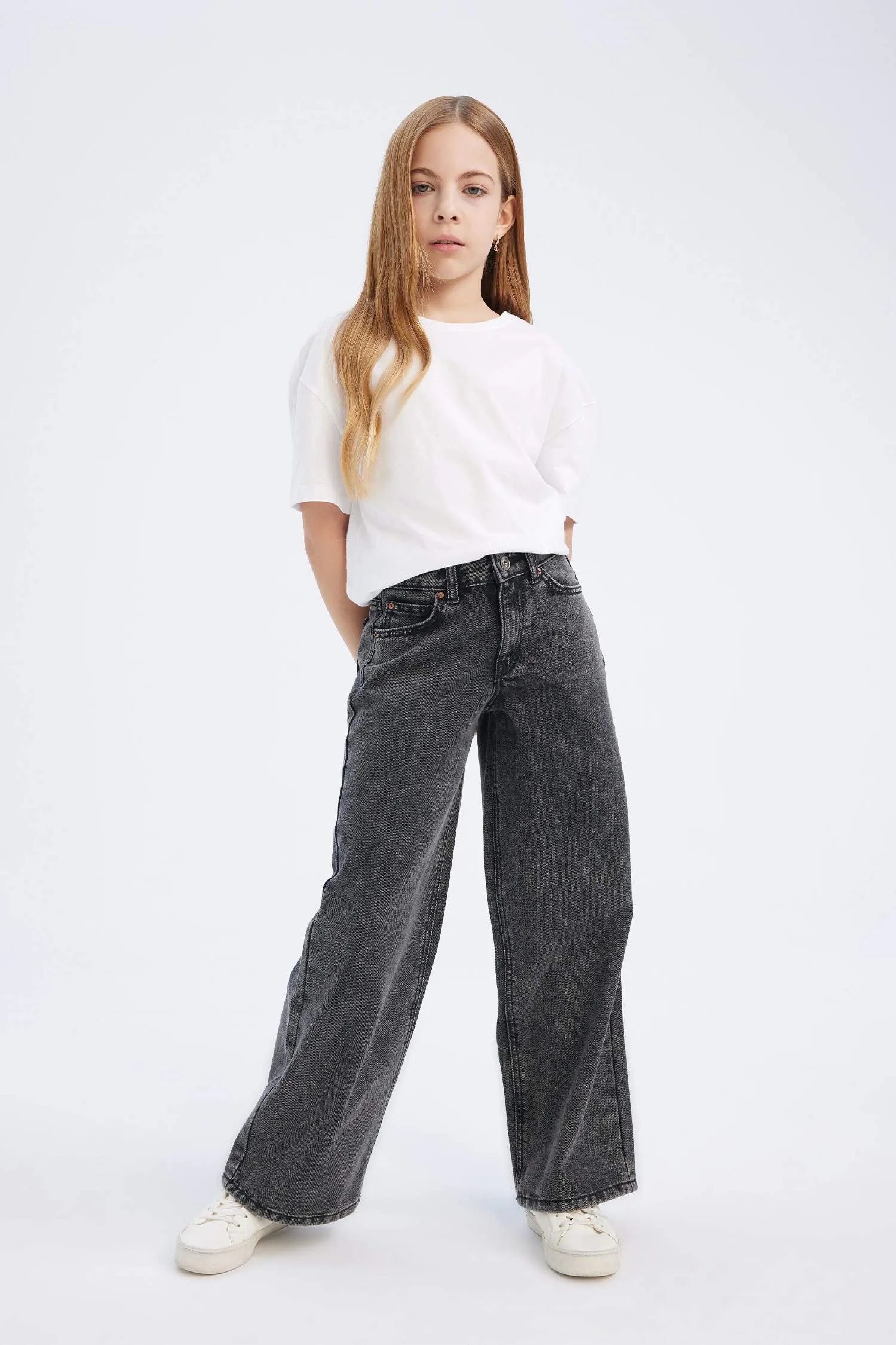 Girls Children Wide Wide Pleated Legs Cotton Jean Pants