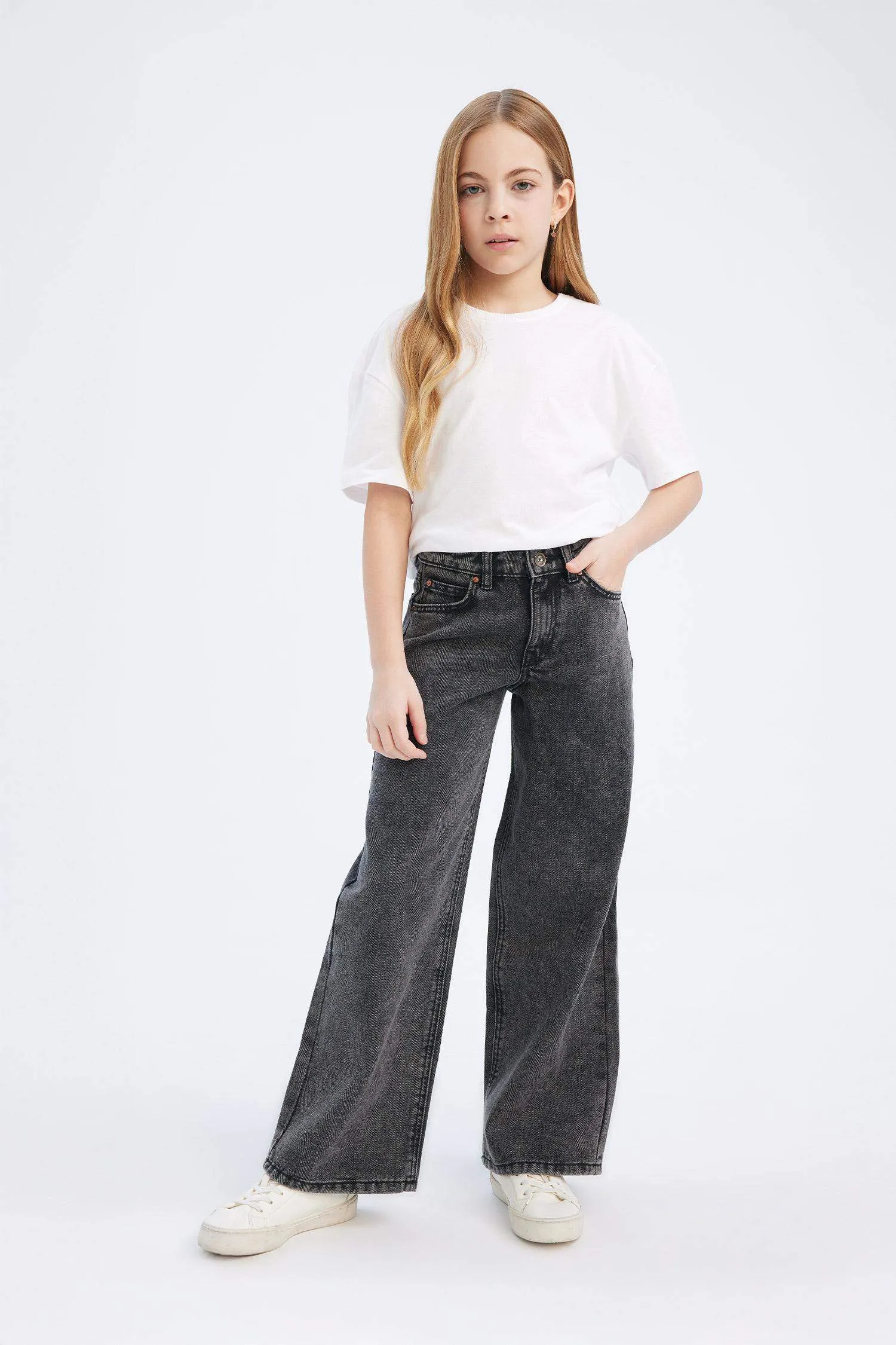 Girls Children Wide Wide Pleated Legs Cotton Jean Pants