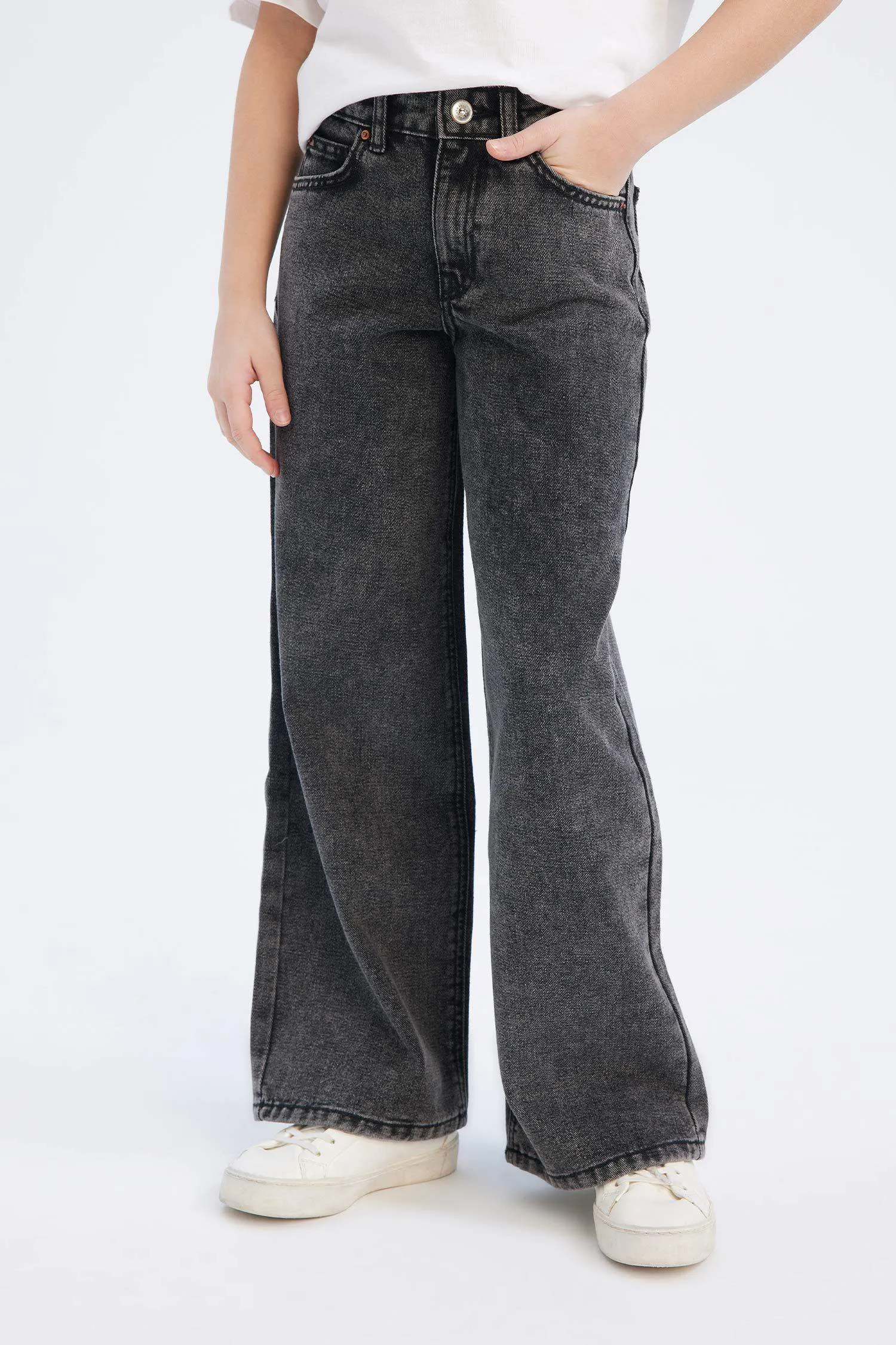 Girls Children Wide Wide Pleated Legs Cotton Jean Pants