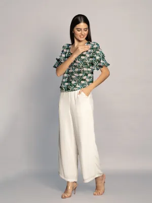 Green Floral Print Ruffled Sleeves Top