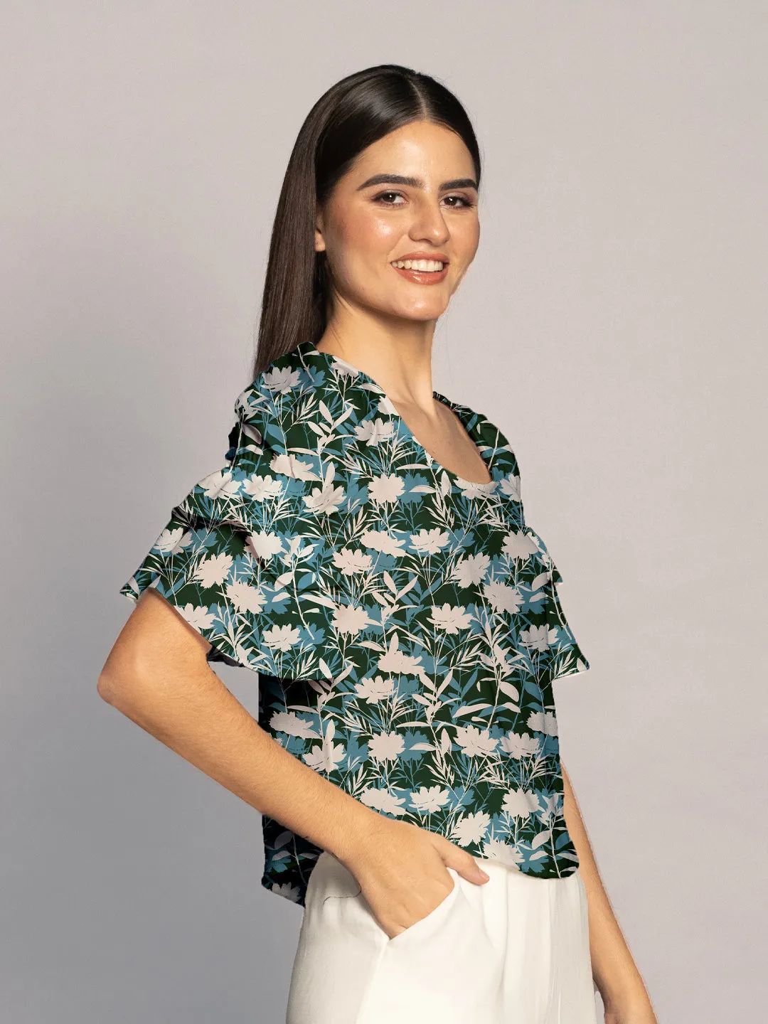 Green Floral Print Ruffled Sleeves Top