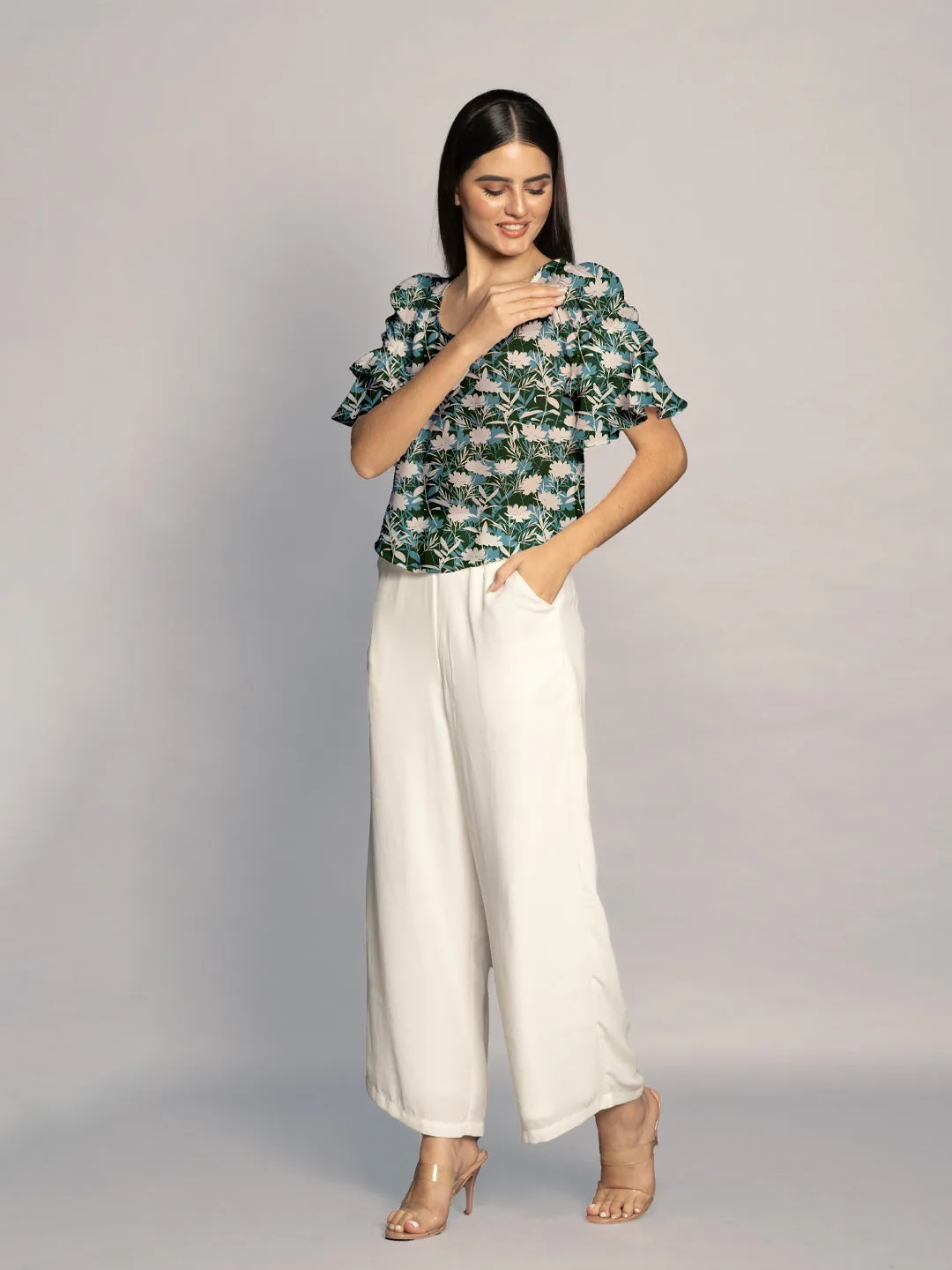 Green Floral Print Ruffled Sleeves Top