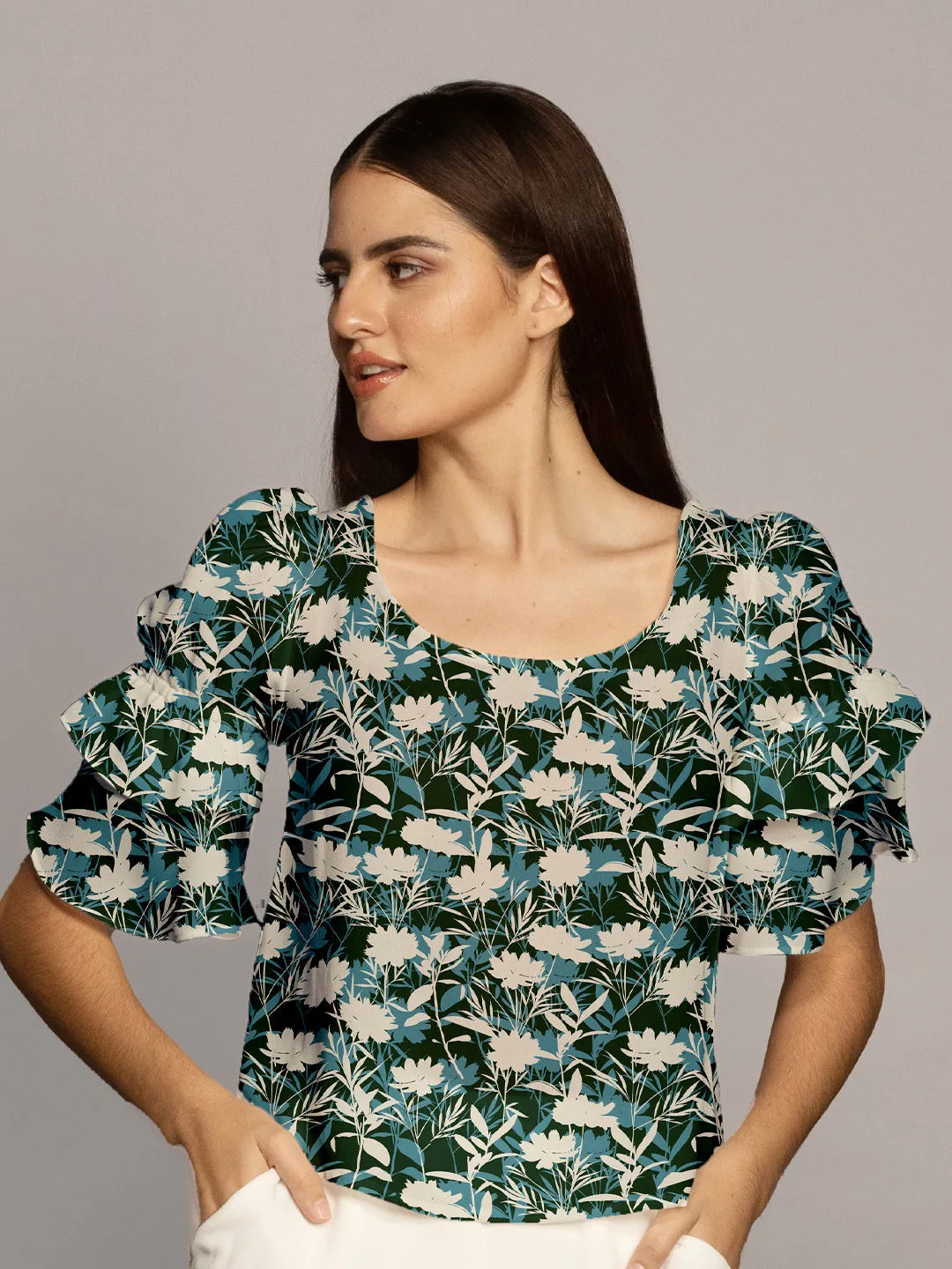 Green Floral Print Ruffled Sleeves Top